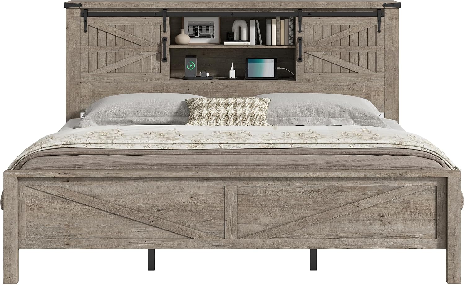 AMERLIFE Farmhouse King Bed Frame, Rustic Wood Platform Bed w/Barn Door Storage Bookcase Headboard & Charging Station, Bedroom Furniture, No Box Spring Needed, Light Grey