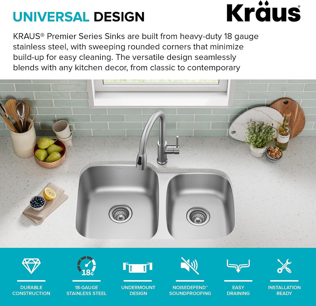 KRAUS Premier 32-inch Undermount 60/40 Double Bowl with Low Divider 18-Gauge Stainless Steel Kitchen Sink with Strainers (x2), KBU24