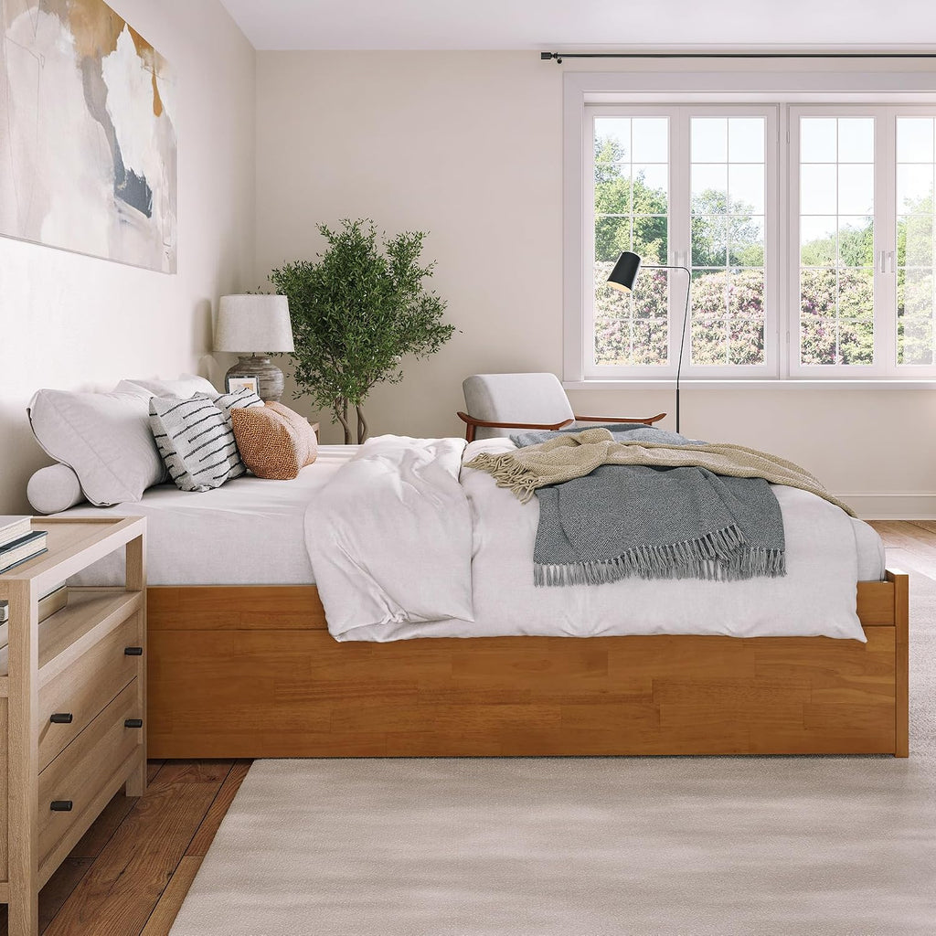 AFI Concord King Solid Wood Platform Bed with Footboard & Twin XL Trundle in Light Toffee