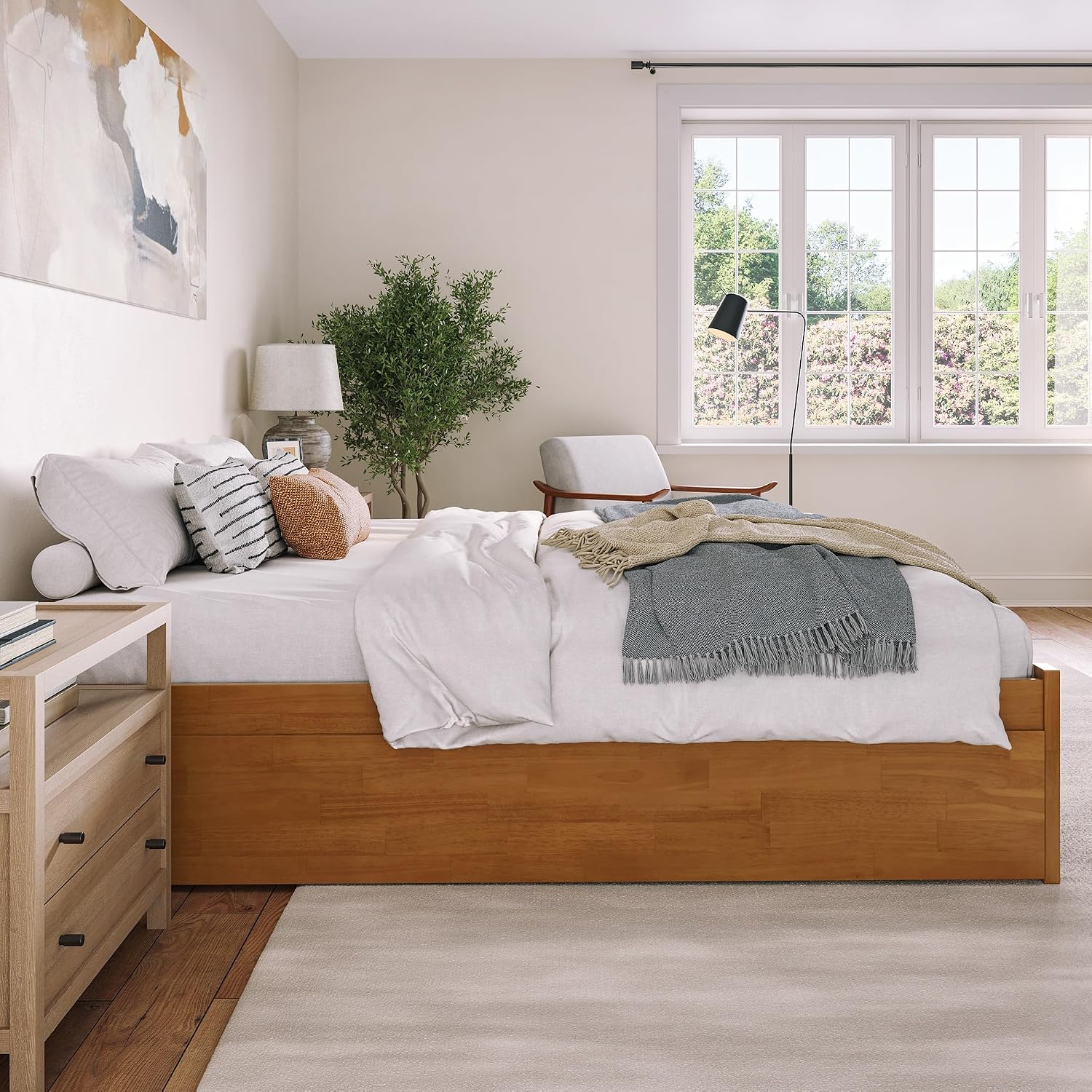 AFI Concord King Solid Wood Platform Bed with Footboard & Twin XL Trundle in Light Toffee
