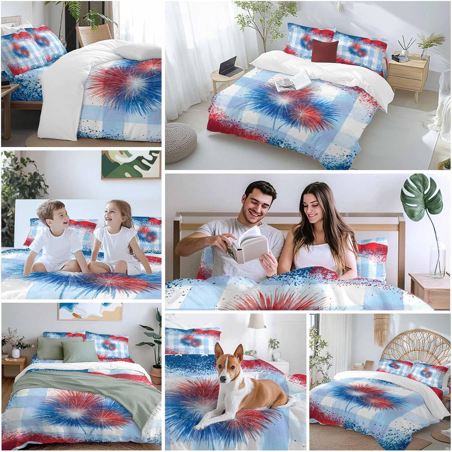 Independence Day Firework Duvet Cover Set Queen Size 4 Pieces 4th of July American Flag Blue Plaid Bedding Set with Zipper Closure, 1 Comforter Cover 92x106 Inches 1 Flat Sheet & 2 Pillow Cases