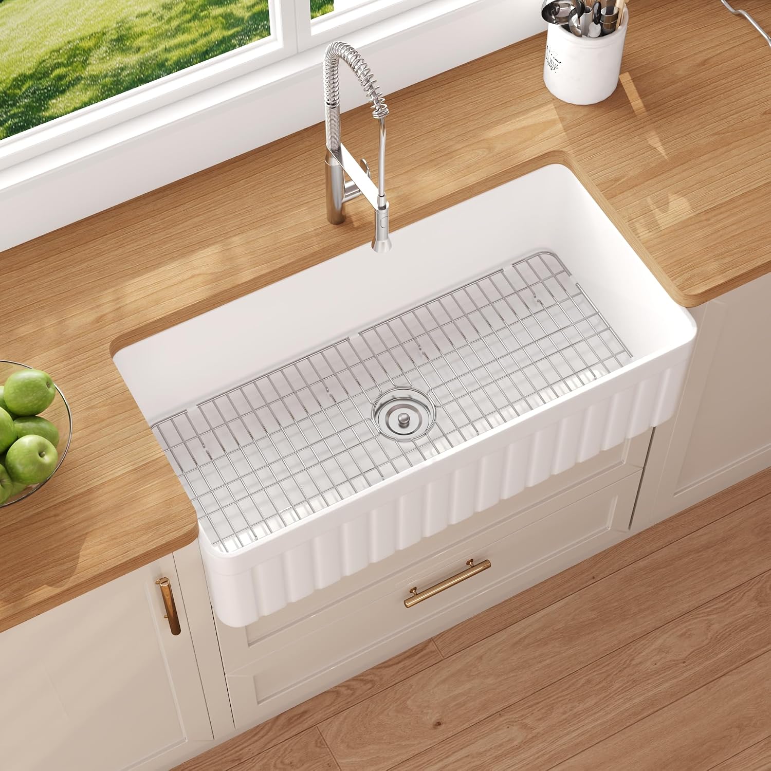 DeerValley Solstice Fireclay Farmhouse Sinks, 35.6'L x 18'W Farmhouse Kitchen Sink White Large Single Bowl Farm Sink Reversible Apron Front with Sink Grid and Basket Strainer