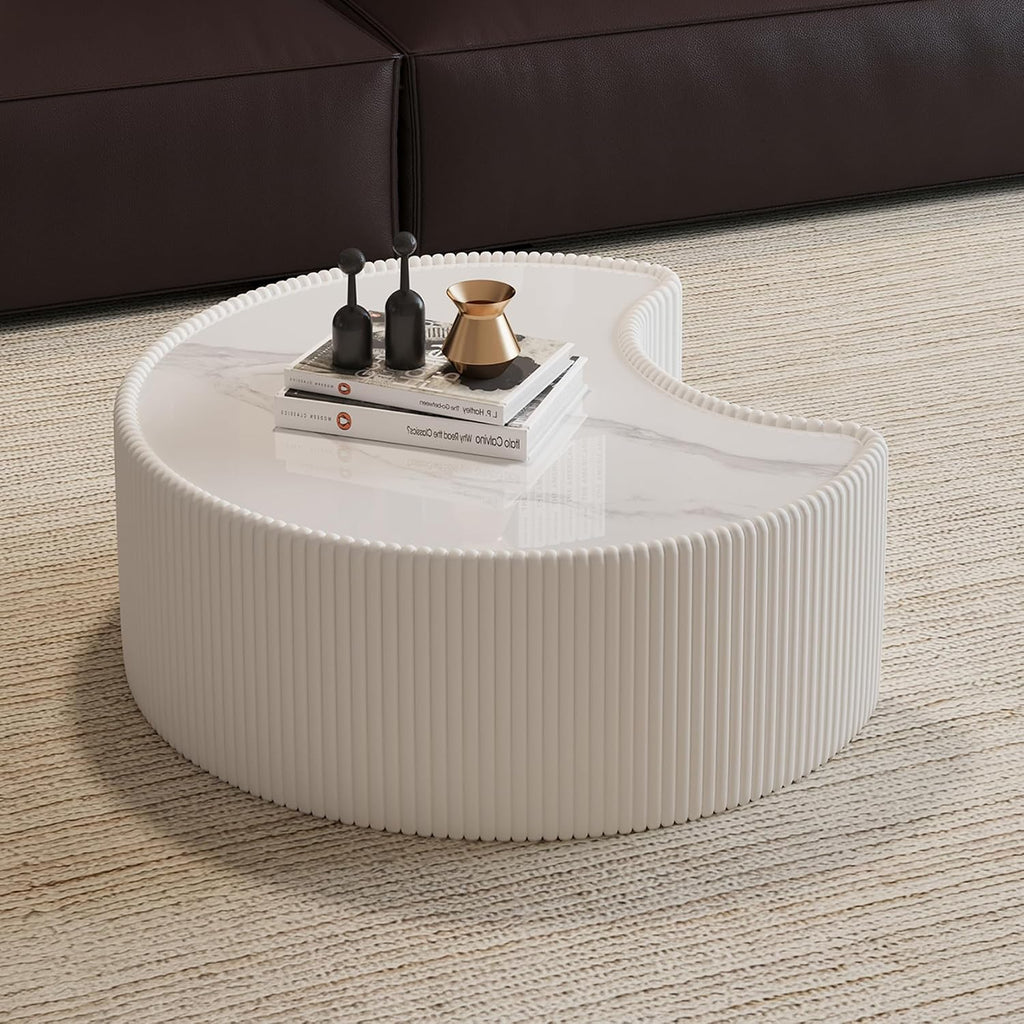 29.53' White Round Coffee Table, Drum Coffee Table with Sintered Stone Tabletop and Fluted PU Leather Covered and Stable Base, Circle Cocktail Tea Table for Living Room
