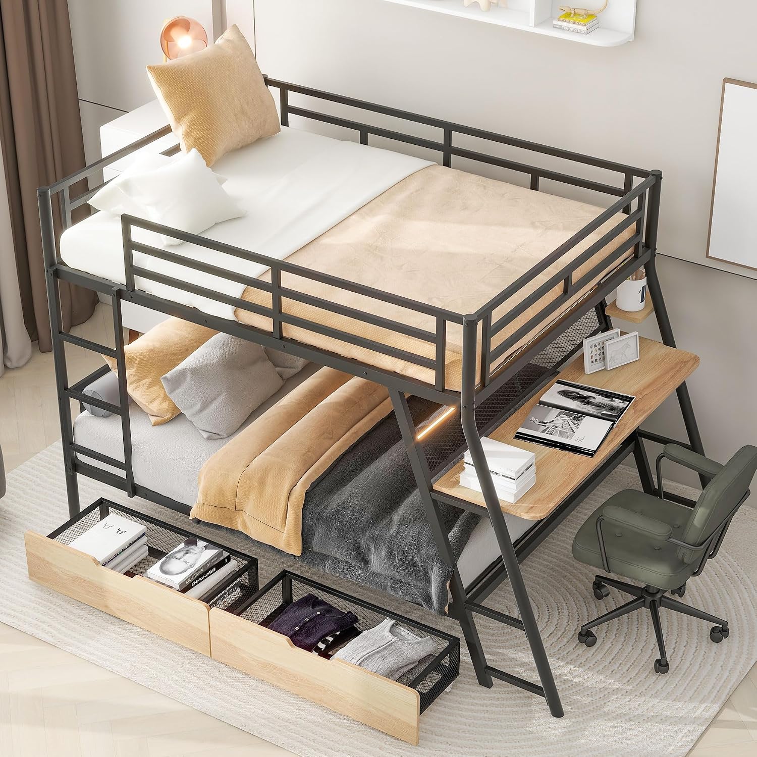 Full Size Metal Bunk Bed with Built-in Desk,Bed Frame W/Light Strip and 2 Large-Capacity Storage Drawers,for Bedroom,Apartment,Guest Room,Black