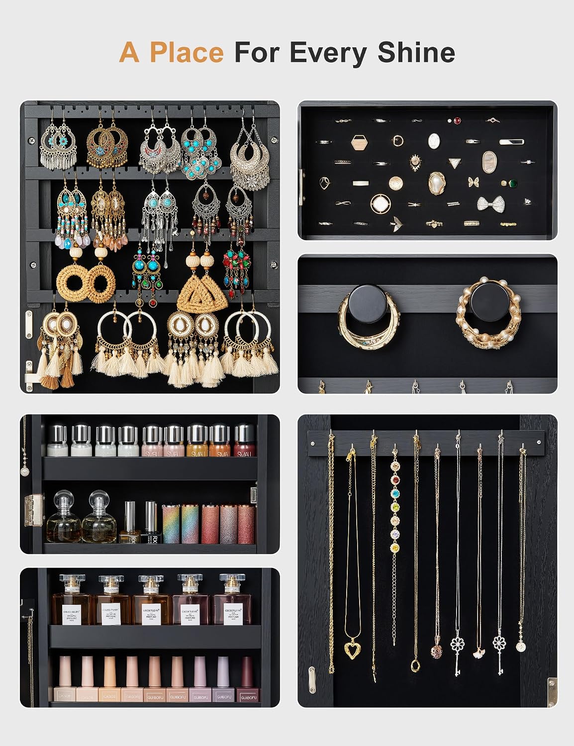 Nicetree Mirror Jewelry Cabinet Standing, Lockable Jewelry Cabinet Armoire with 2 Drawers, Full Length Mirror with Jewelry Storage, Christmas Gifts, Black