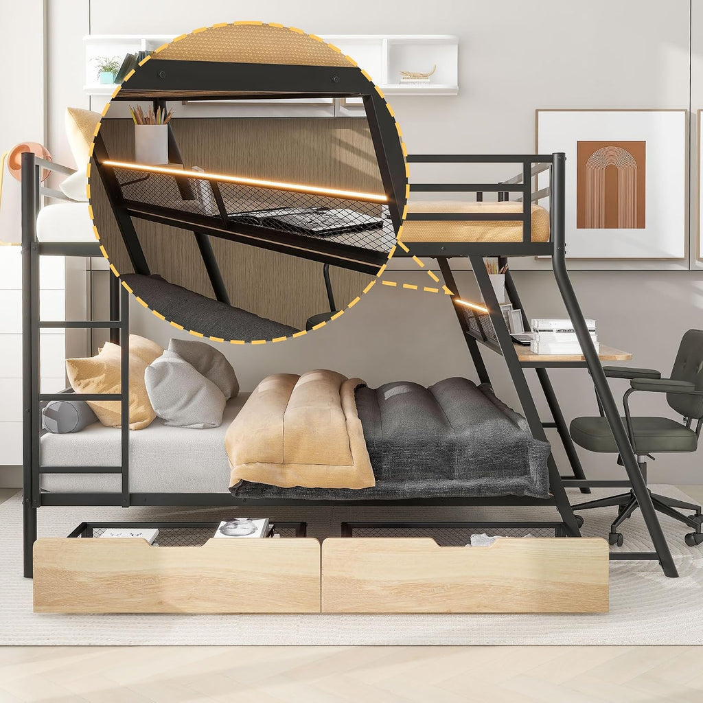 Full Size Metal Bunk Bed with Built-in Desk,Bed Frame W/Light Strip and 2 Large-Capacity Storage Drawers,for Bedroom,Apartment,Guest Room,Black