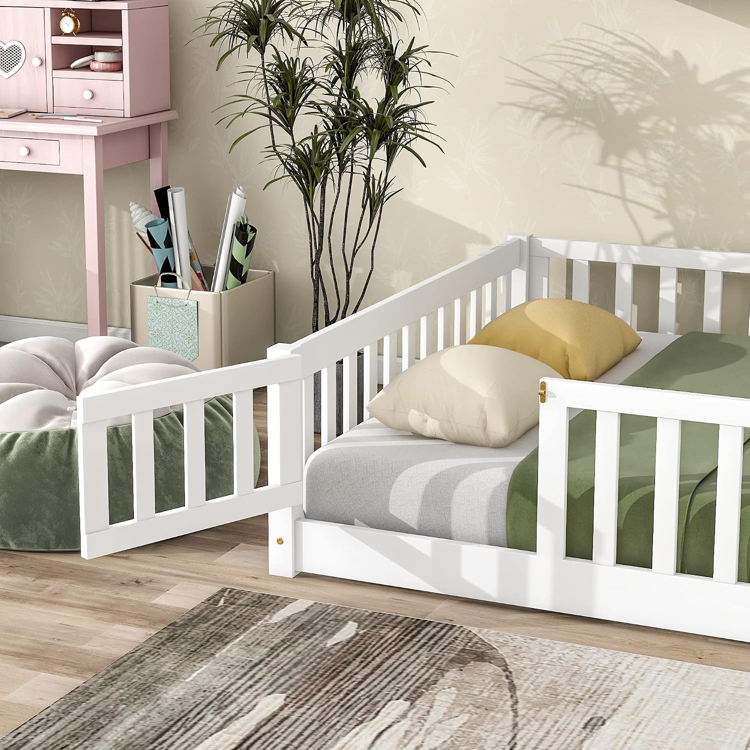 Bellemave Full Size Floor Bed Frame with Fence and Door for Kids, Montessori Floor Bed with Slats and Safety Guardrails,Solid Wood Full Bed Frame for Girls Boys,White