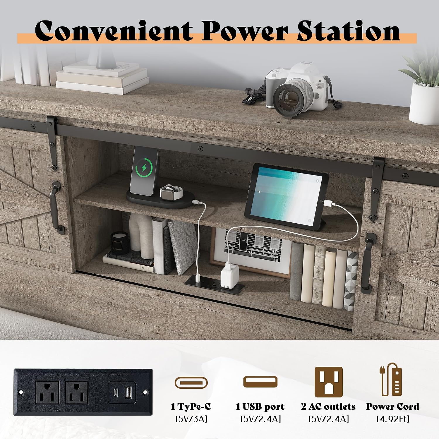 AMERLIFE Farmhouse Queen Bed Frame with Storage Headboard & Charging Station, Rustic Wood Platform Bed with Barn Door Bookcase, No Box Spring Needed, Light Grey Bedroom Furniture