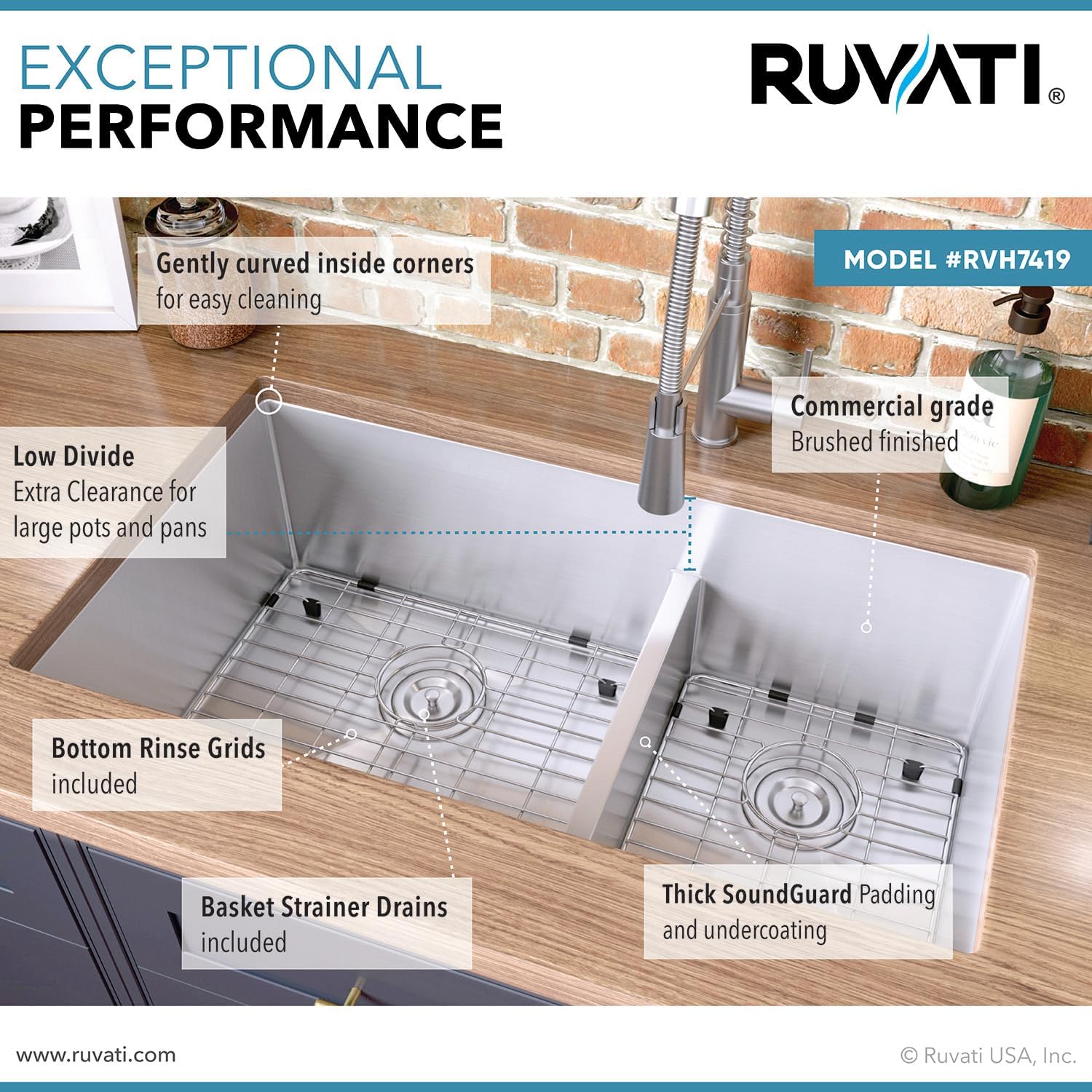 Ruvati 33-inch Low-Divide Undermount Tight Radius 60/40 Double Bowl 16 Gauge Stainless Steel Kitchen Sink - RVH7419