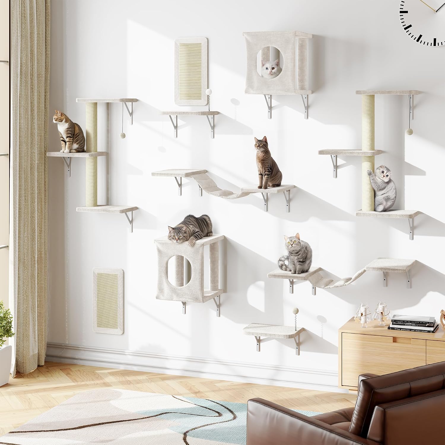 NUNU LAB Cat Wall Shelves, 10-in-1 Wall-Mounted Cat Furniture Set, Large Cat Climber Set with House, Bridge, Steps, Scratcher, DIY Playground, Shelves for Indoor Wall Furniture Set, Beige
