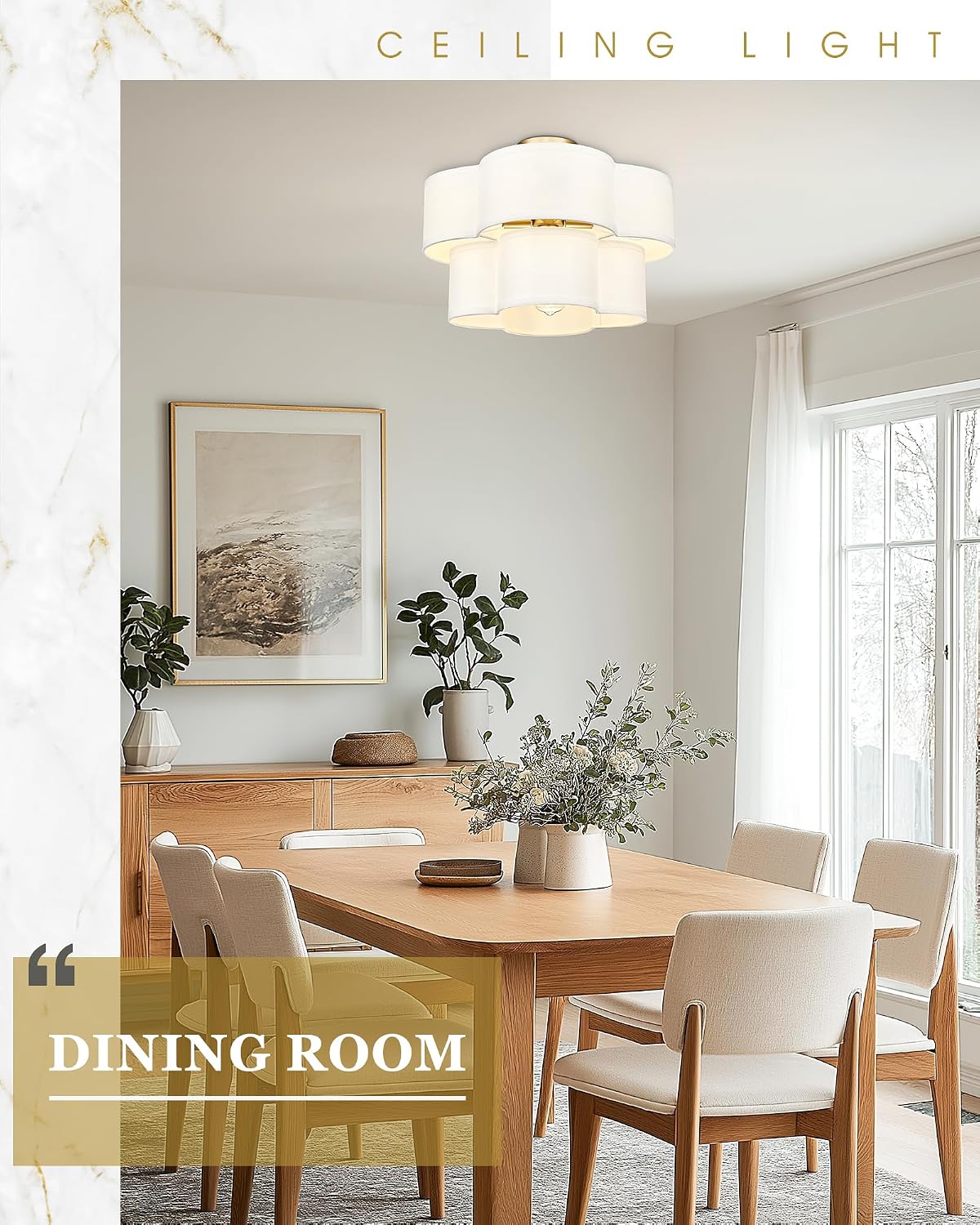 Gold Semi Flush Mount Ceiling Light, 5-Light 18' Ceiling Light Fixtures with Double Fabric Drum Shade in Quatrefoil Shape, Light Fixtures Ceiling Mount for Nursery Bedroom, AD-22007-5SF-GD