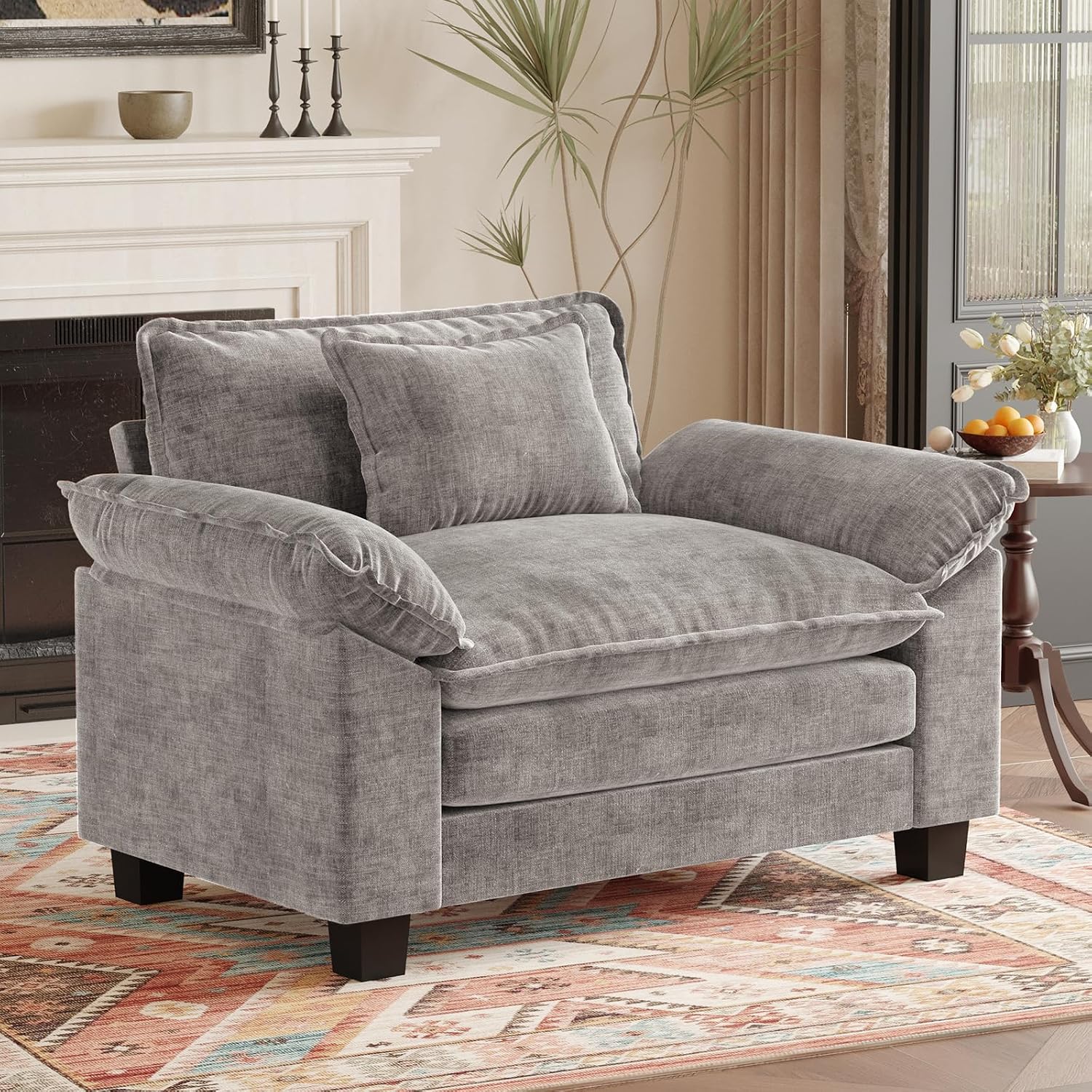 HUSFU Oversized Accent Chair, 49.5'' W Chenille Cloud Sofa Chair with Deep Seat and Extra Wide Armrests, Comfy Reading Armchair for Bedroom, Living Room, Gray