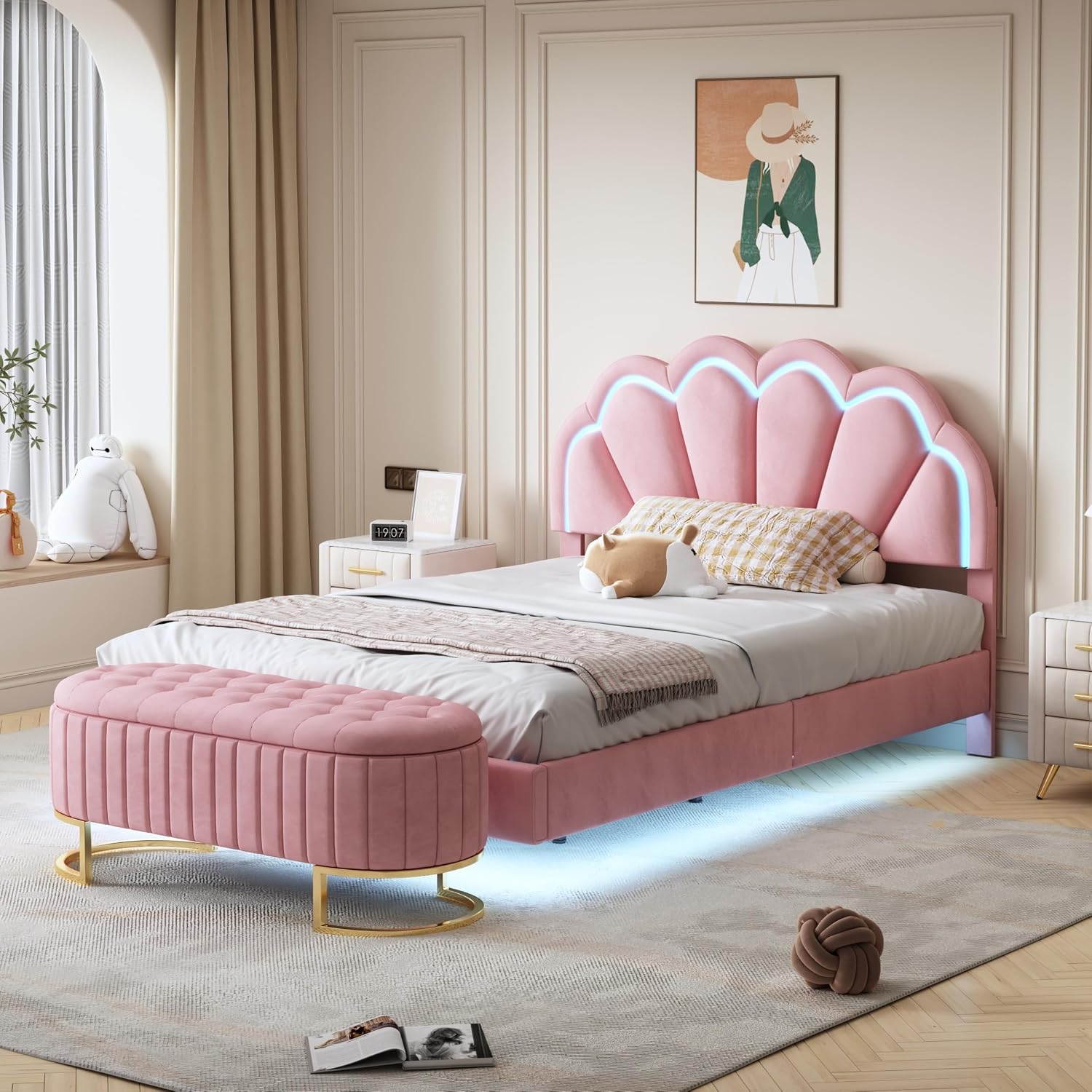 2-Pieces Bedroom Sets,Full Size Upholstered Led Platform Bed with Storage Ottoman,Easy to Assemble,No Box Spring Needed (Pink-4)
