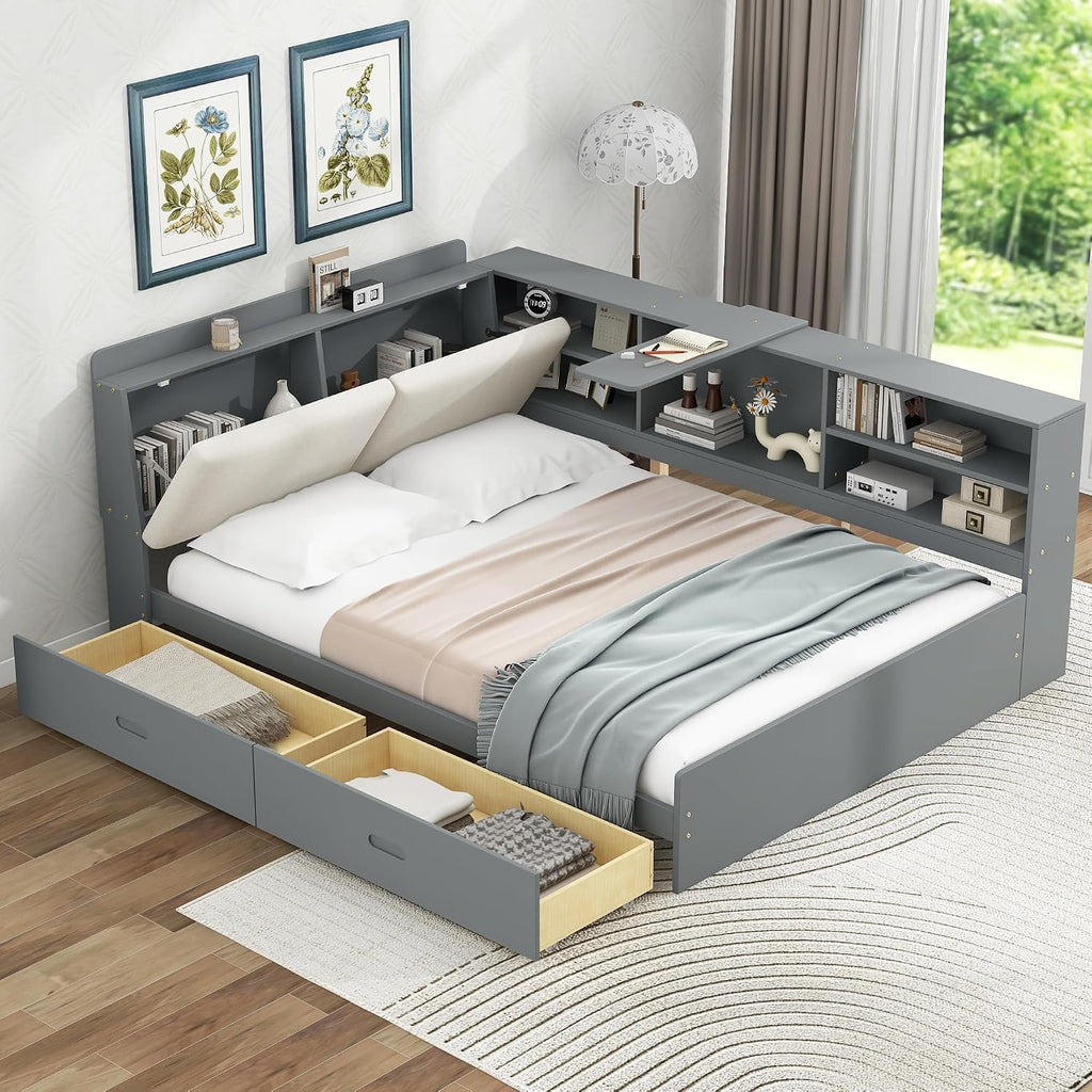 Wood Corner Bed Frame with Storage Upholstered Headboard,Bookcase and Drawers,Full Size Floor Platform Bed with Rotatable Storage Board & Slat Support,Grounded L Shape Sofa Bed for Dorm or Guests,Gray