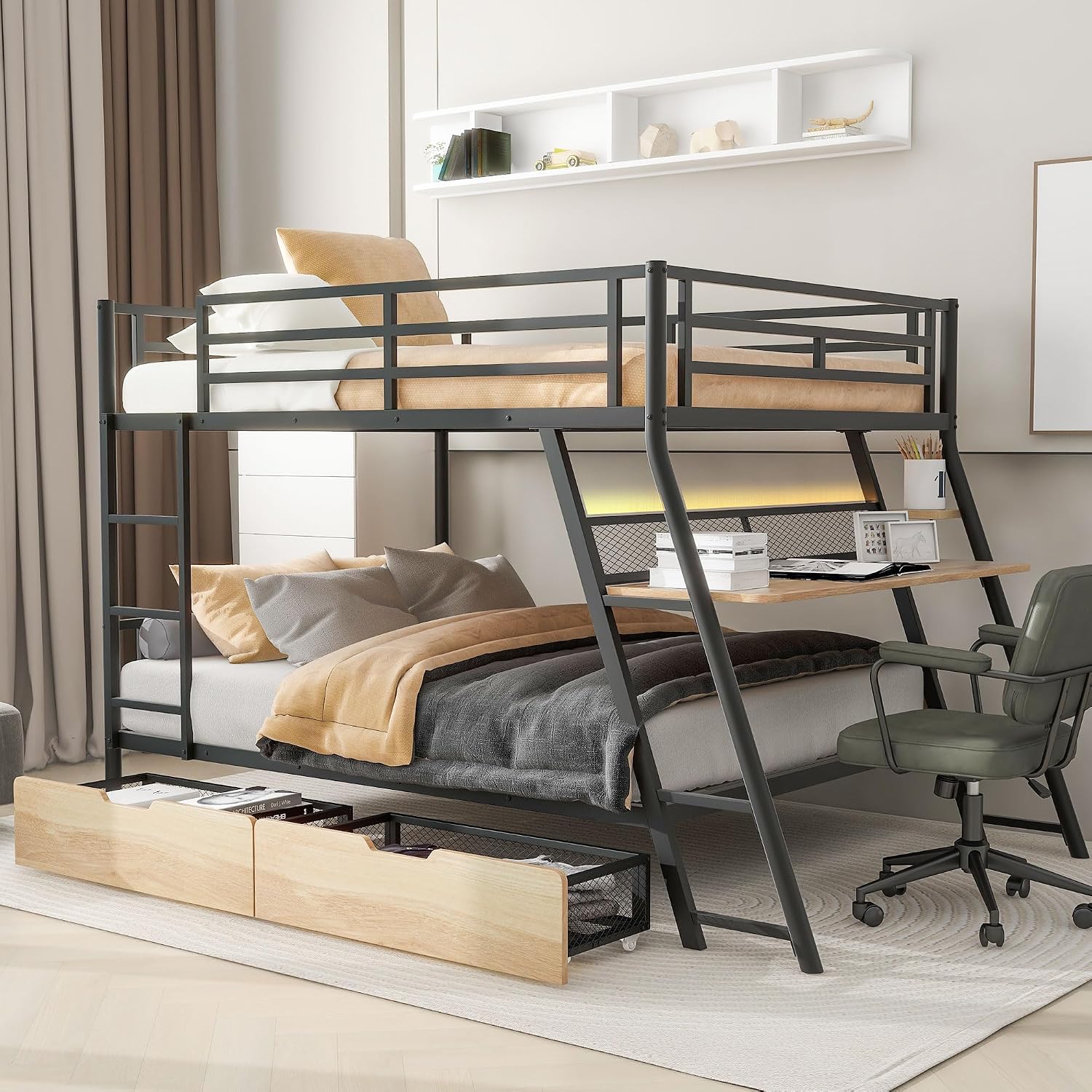 Full Size Metal Bunk Bed with Built-in Desk,Bed Frame W/Light Strip and 2 Large-Capacity Storage Drawers,for Bedroom,Apartment,Guest Room,Black