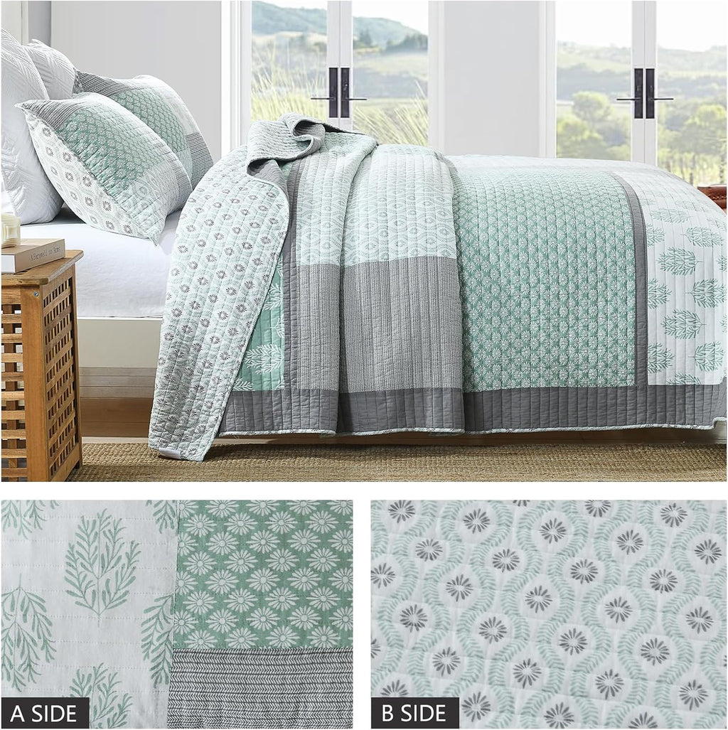 Finlonte King Size Quilt, 100% Cotton Comforter King Size, Green Grey Farmhouse Quilted Bedspread, Patchwork Lightweight Reversible Quilt Bedding Set for King Bed, 3-Pieces