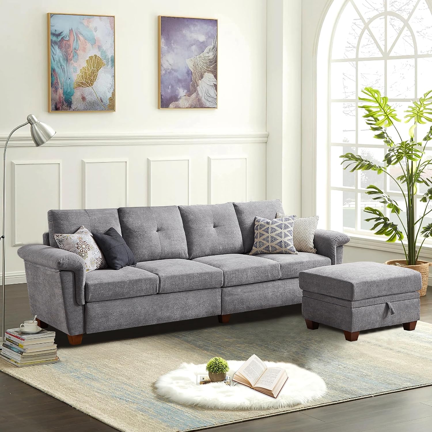 4-Seat Sectional Couches for Living Room, Bedroom, Office with Storage, L Shape Convertible Sectional Sofa Couch with Ottoman and Cup Holders, Light Grey