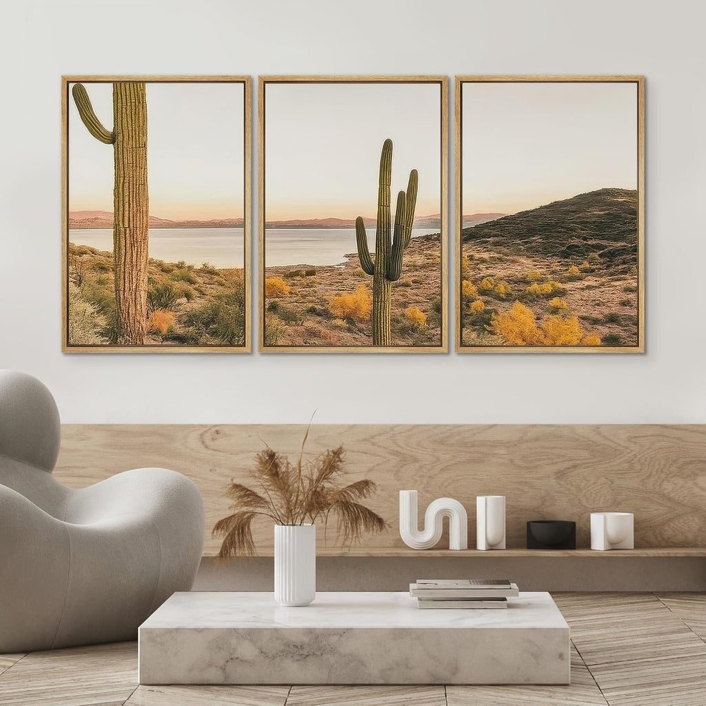 SIGNWIN Framed Canvas Print Wall Art Set Desert Cactus Landscape Southwestern Sunset Illustrations Modern Colorful Ultra for Living Room, Bedroom, Office - 24'x36'x3 Natural