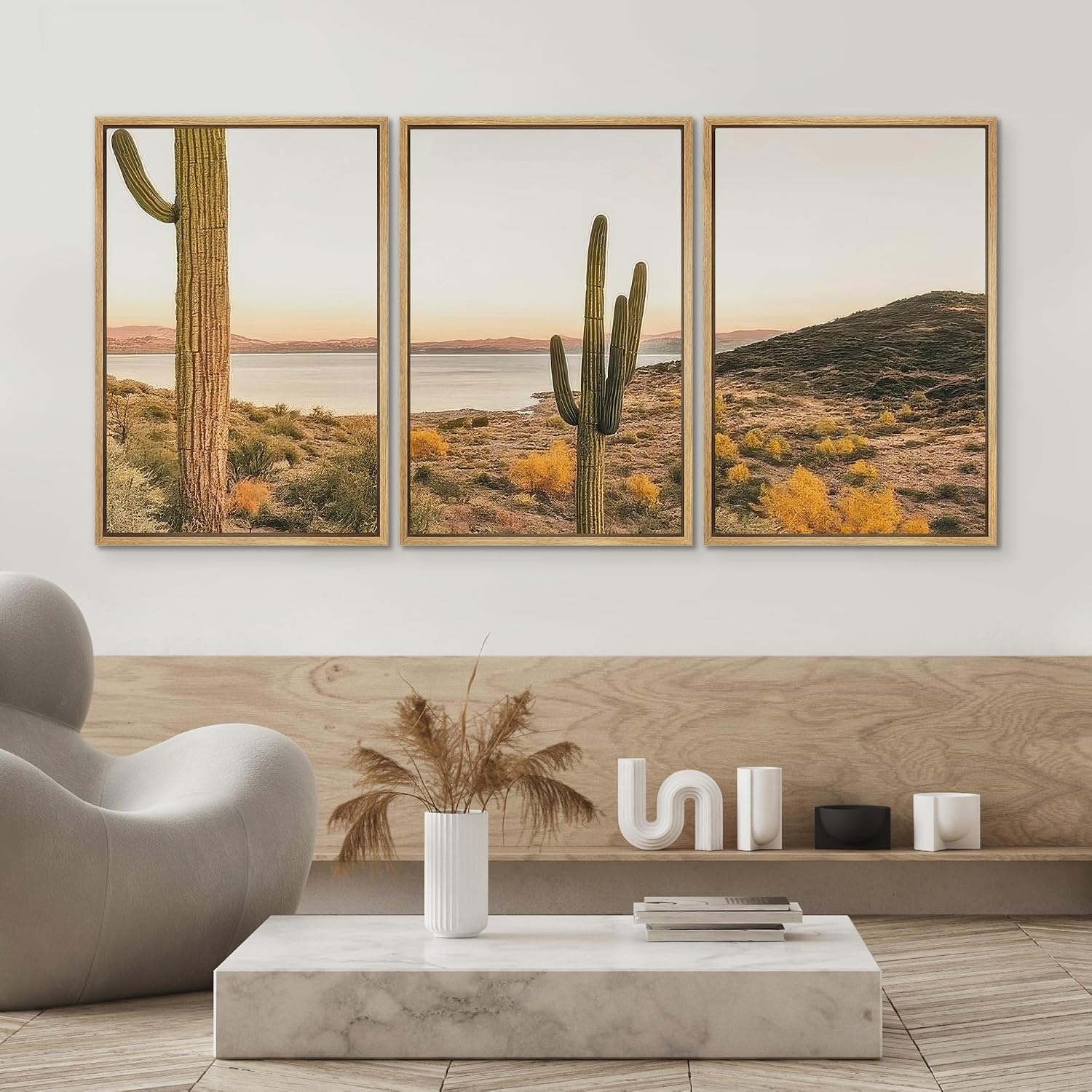 SIGNWIN Framed Canvas Print Wall Art Set Desert Cactus Landscape Southwestern Sunset Illustrations Modern Colorful Ultra for Living Room, Bedroom, Office - 24'x36'x3 Natural