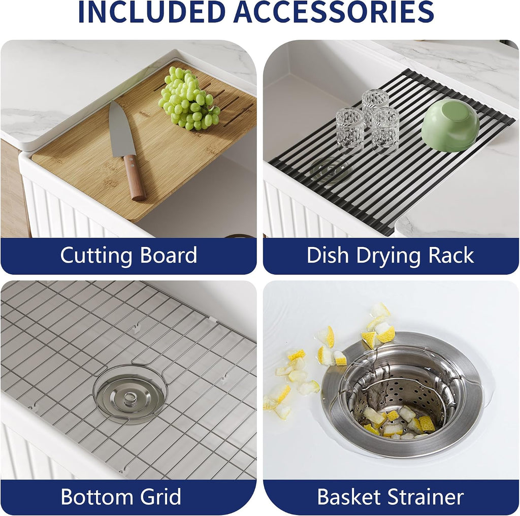DeerValley 33' L x 20' W Farmhouse Workstation Kitchen Sink, Reversible Fireclay Deep Single Bowl Apron Front Kitchen Sink, White Undermount Farm Sink with Ledge and Accessories