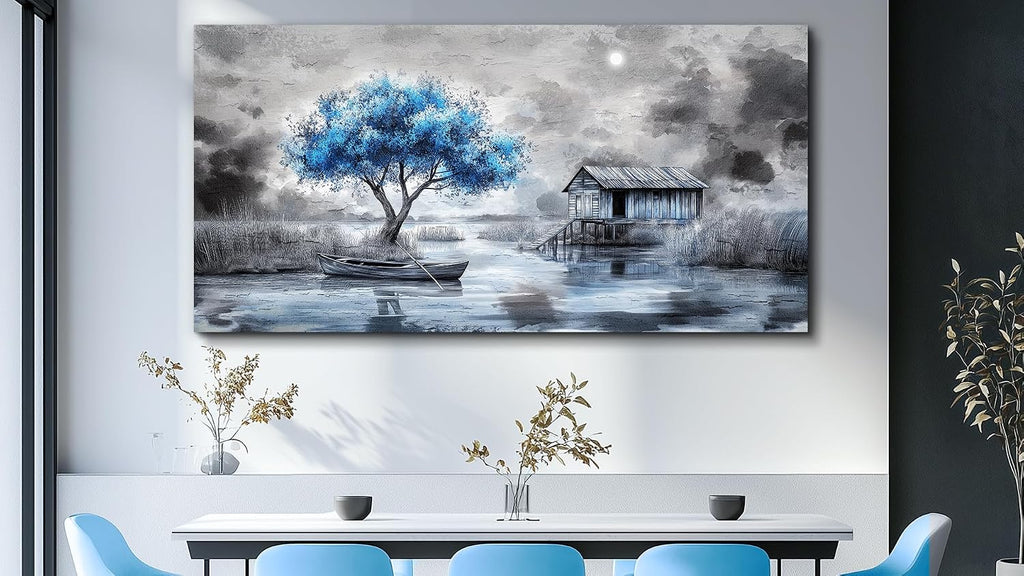 QIYILEXWART Canvas Wall Art For Living Room Large Wall Decor For Office Bedroom Decorations The Blue Tree Pictures The Hut Painting Stretched And Framed Artwork Room Ready To Hang