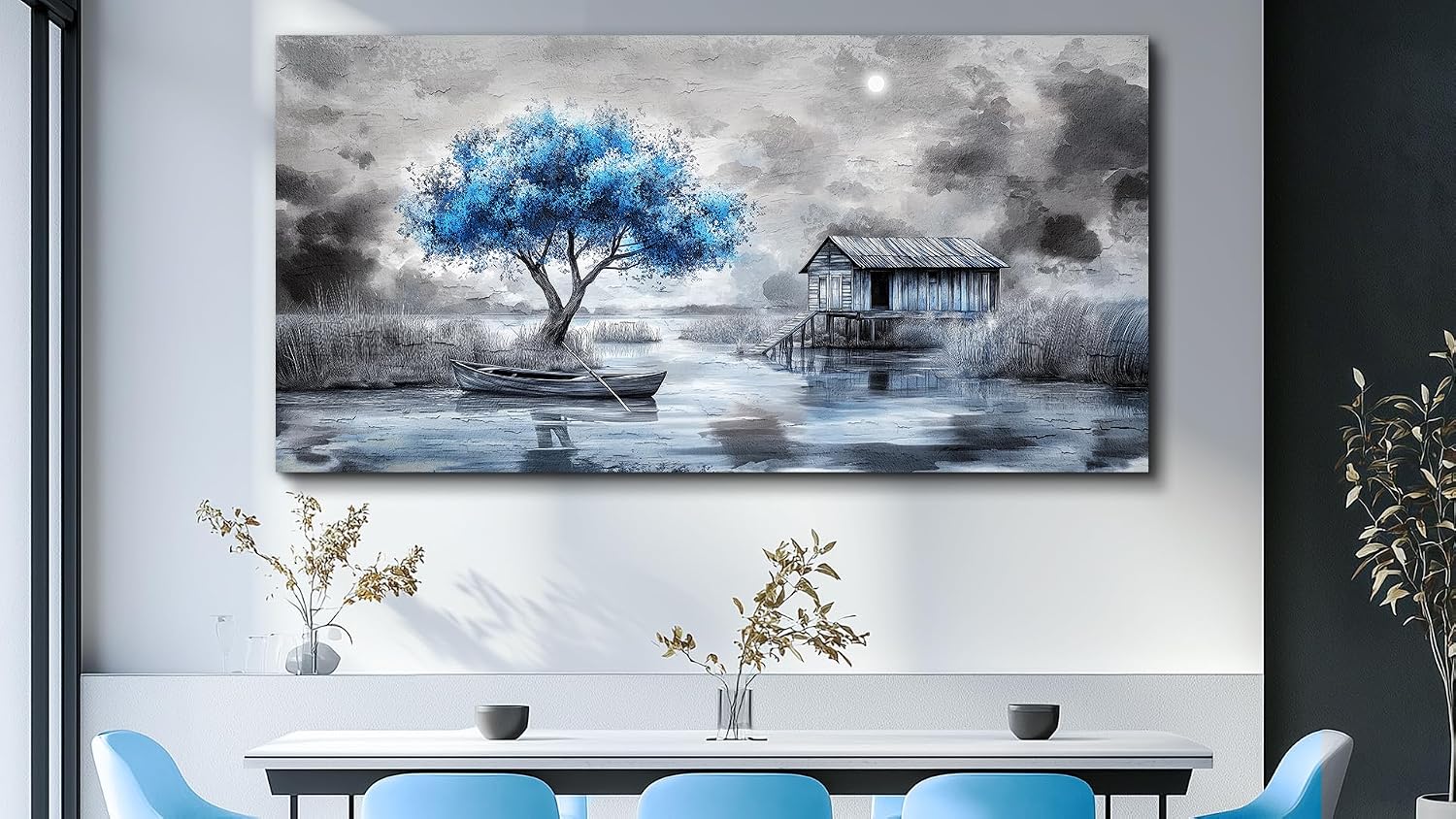 QIYILEXWART Canvas Wall Art For Living Room Large Wall Decor For Office Bedroom Decorations The Blue Tree Pictures The Hut Painting Stretched And Framed Artwork Room Ready To Hang