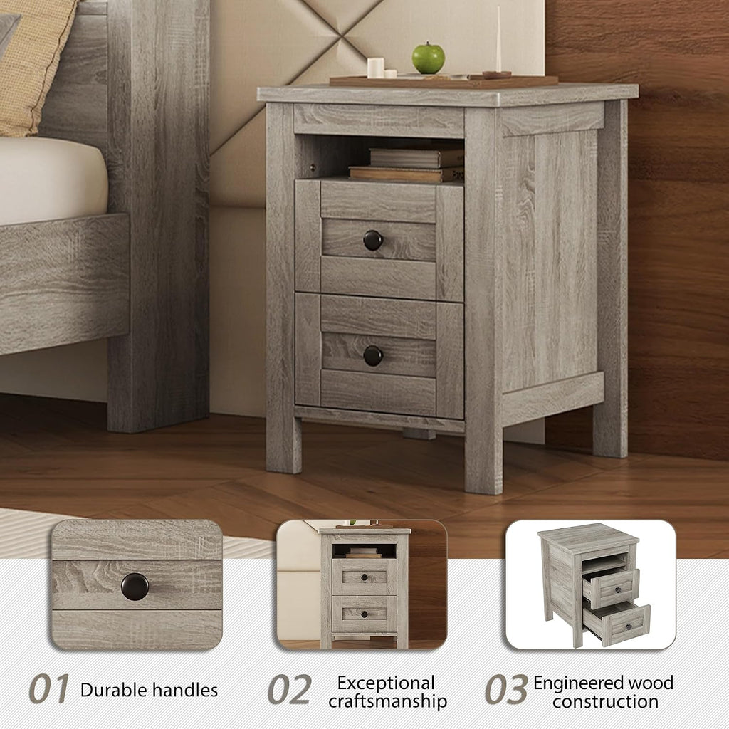 3PCS Bedroom Sets, Full Size Farmhouse Platform Bed with Double Sliding Door Storage Headboard, Cabinet & Nightstand, 3PCS Bedroom Sets with USB, for Kids, Adults, Gray