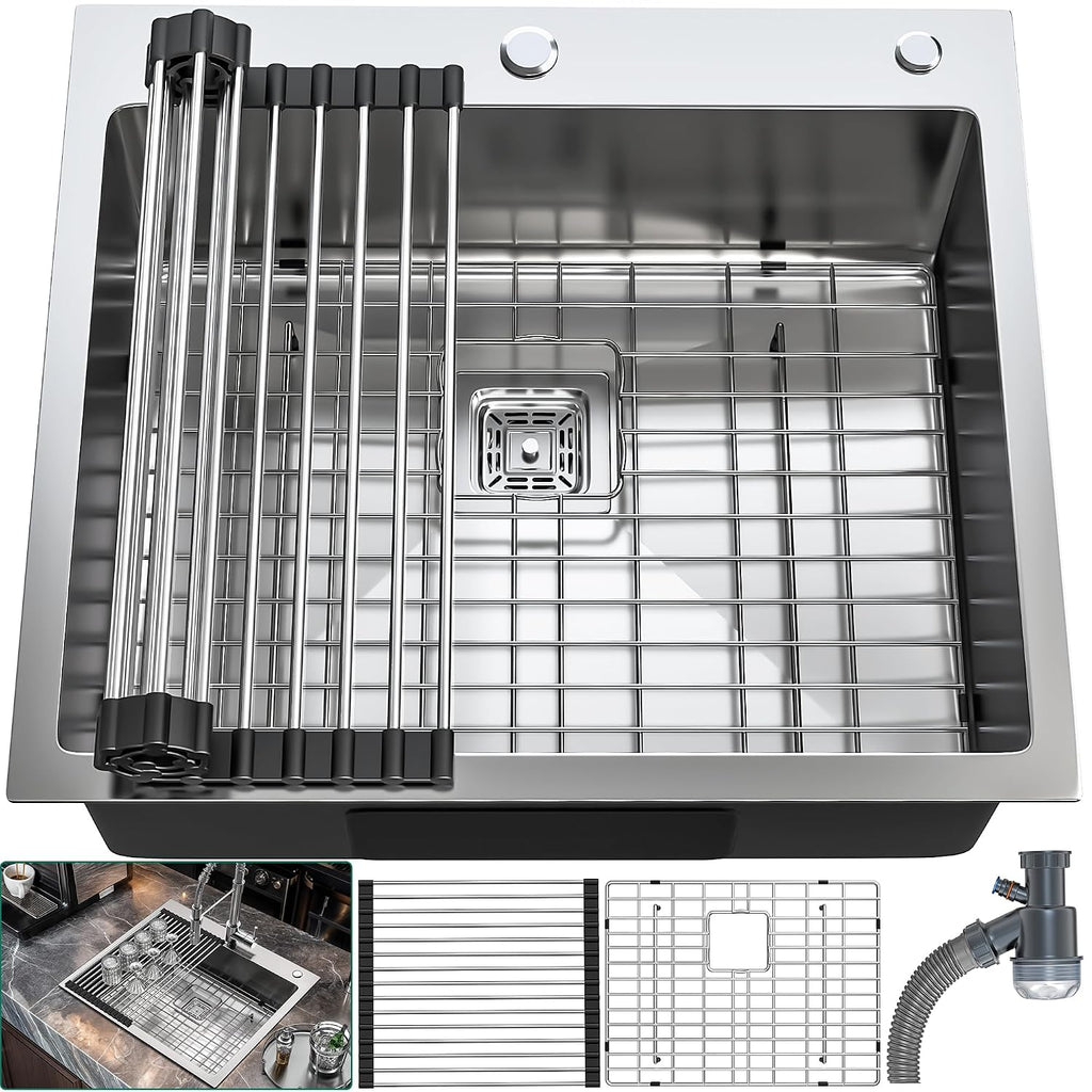 YITAHOME Drop in Kitchen RV Sink 25 in Topmount 304 Stainless Steel Single Bowl Sink with Accessories for Workstation, Bar Sinks 25 x 22 x 10 Inch