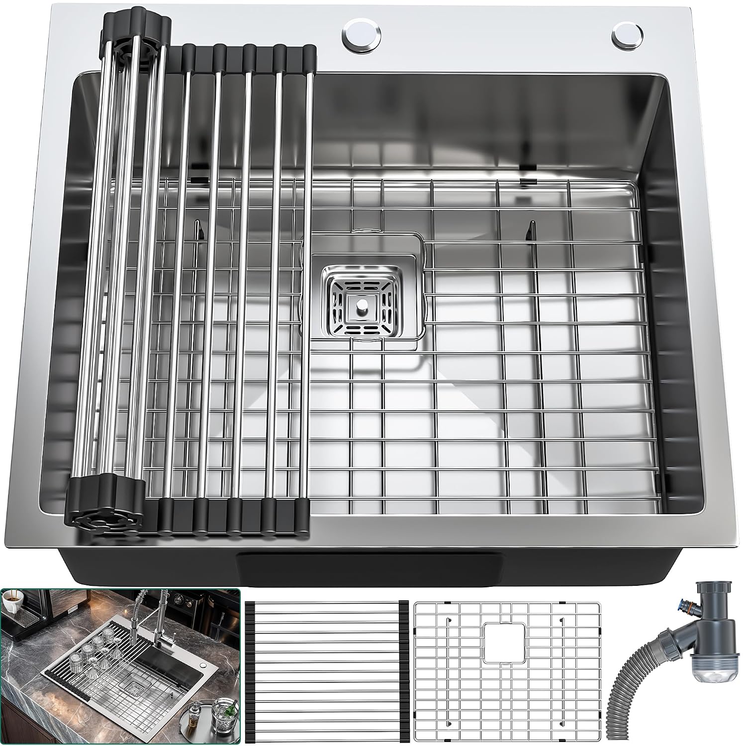 YITAHOME Drop in Kitchen RV Sink 25 in Topmount 304 Stainless Steel Single Bowl Sink with Accessories for Workstation, Bar Sinks 25 x 22 x 10 Inch
