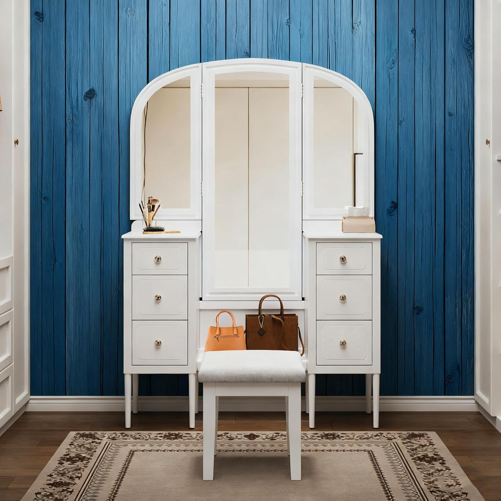 JIJIWANG 68.75H Antique Makeup Vanity Desk with Triple Mirror,6-Drawer Dressing Table Set Including Stool,Full Length Mirror for Bedroom Dressing Room,White