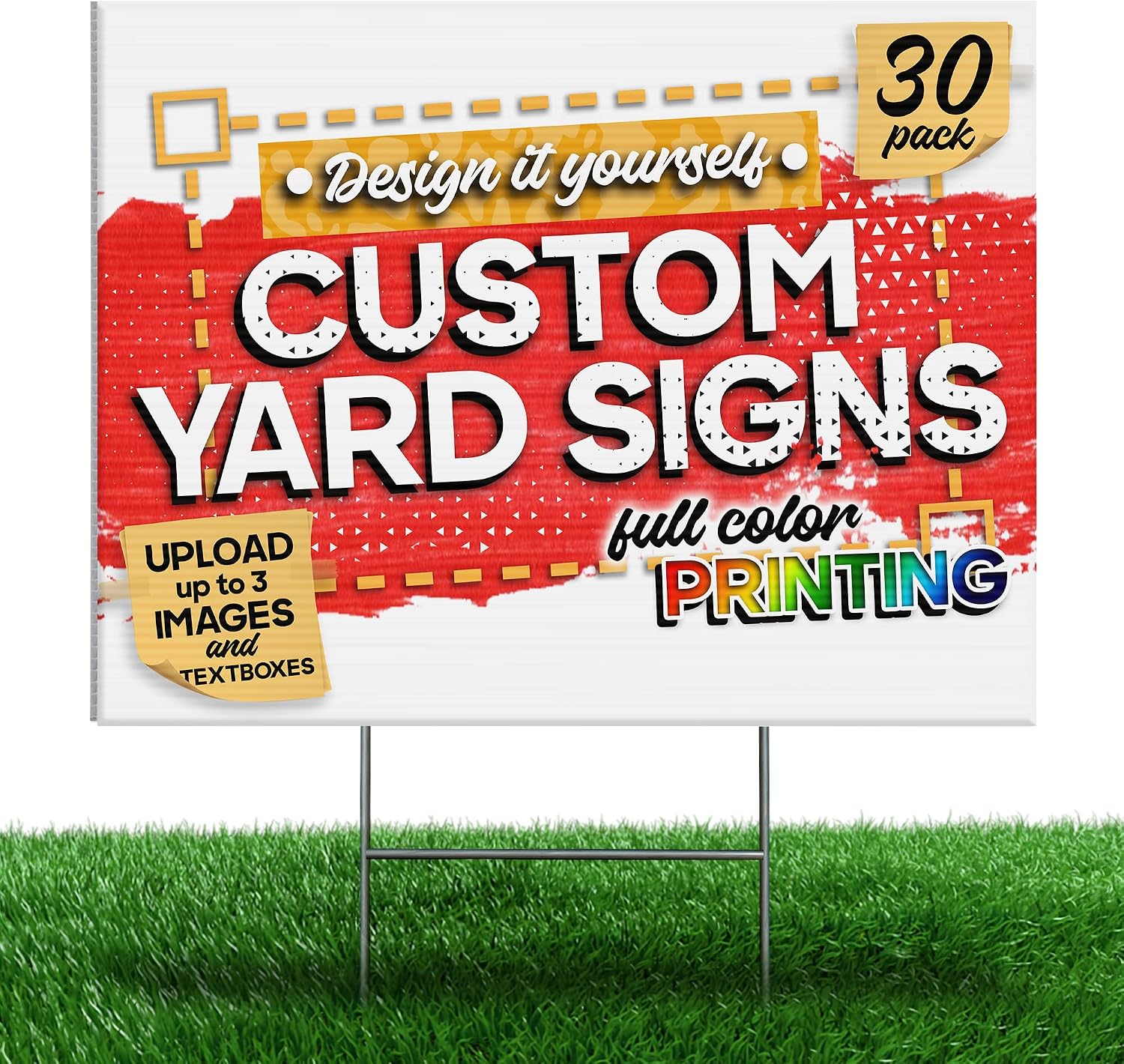 24'x18' Custom Yard Signs with Metal Stakes (30-Pack), Design-Your-Own Lawn Signs, Personalized Signages with Full Color Printing and Uploadable Images/Textboxes, One-Sided Yard Signs for Outdoor Events