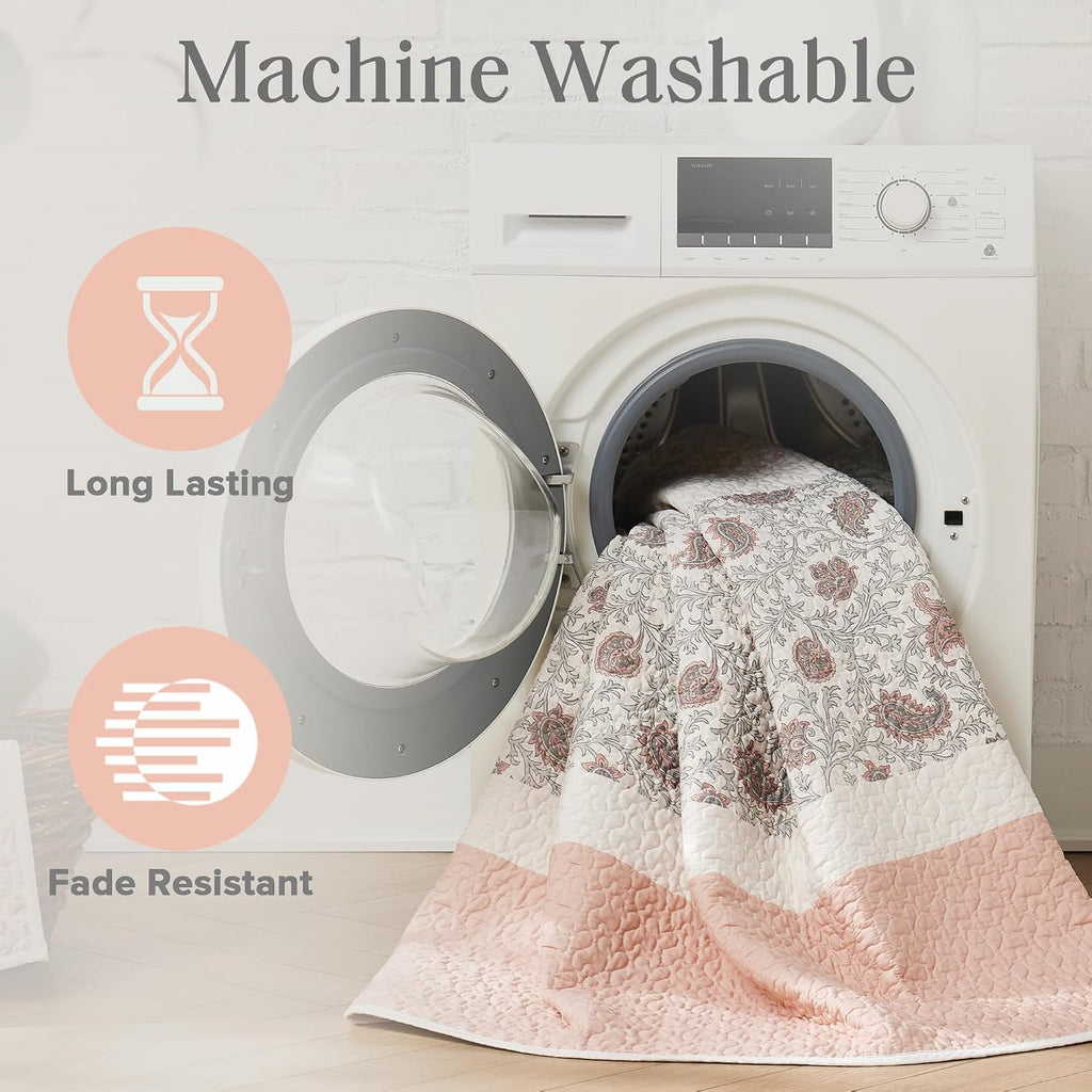 Madison Park 100% Cotton Quilt Set Floral Print, Double Sided Stitching, All Season, Lightweight Coverlet Shabby Chic Bedding Layer, Matching Shams, King/Cal King, Blush 6 Piece