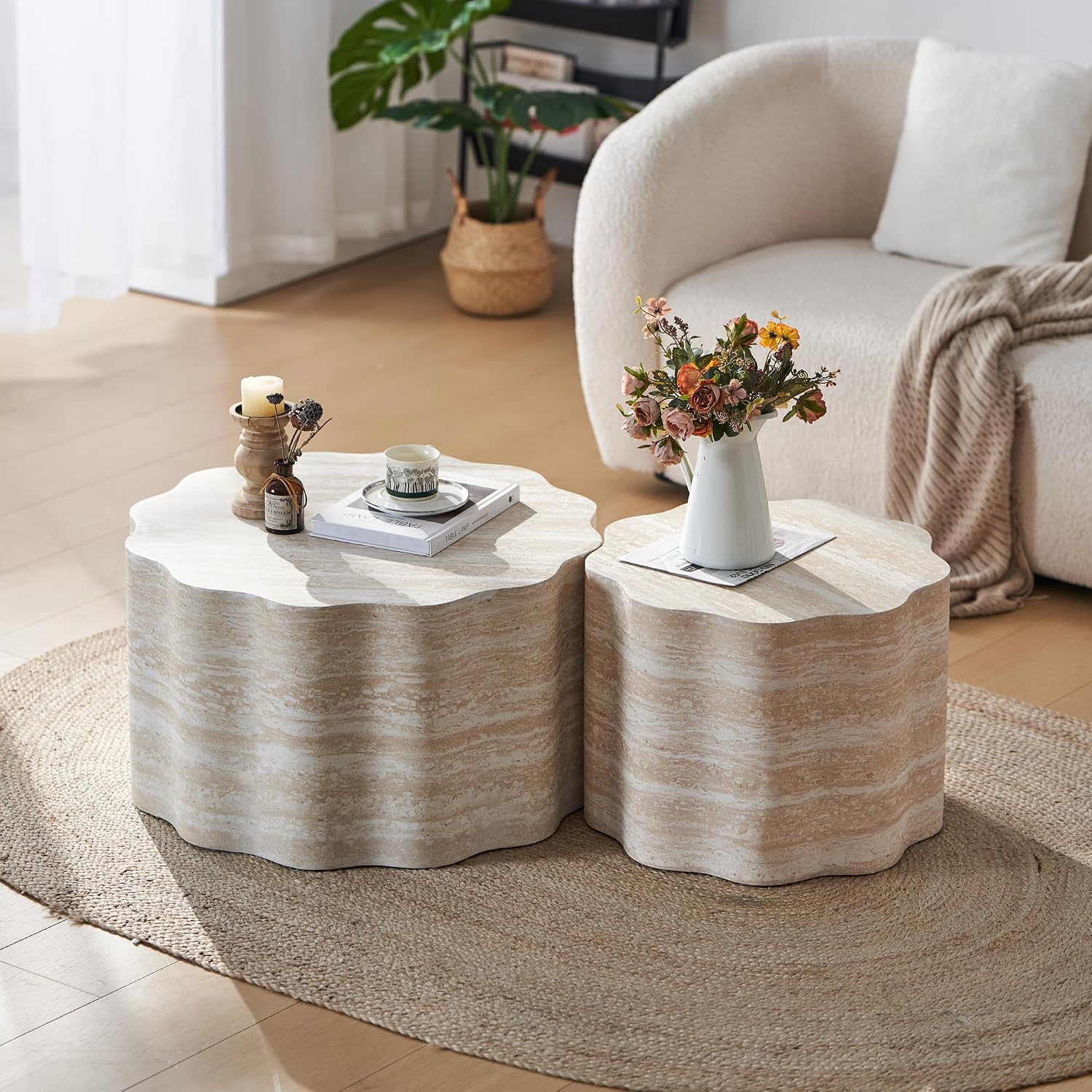 Nesting Coffee Table Set of 2, Modern Wood Center Table for Living Room, Faux Mars Pattern Side Table Accent End Table for Apartment Office, No Need Assembly (26.7'& 23.6')