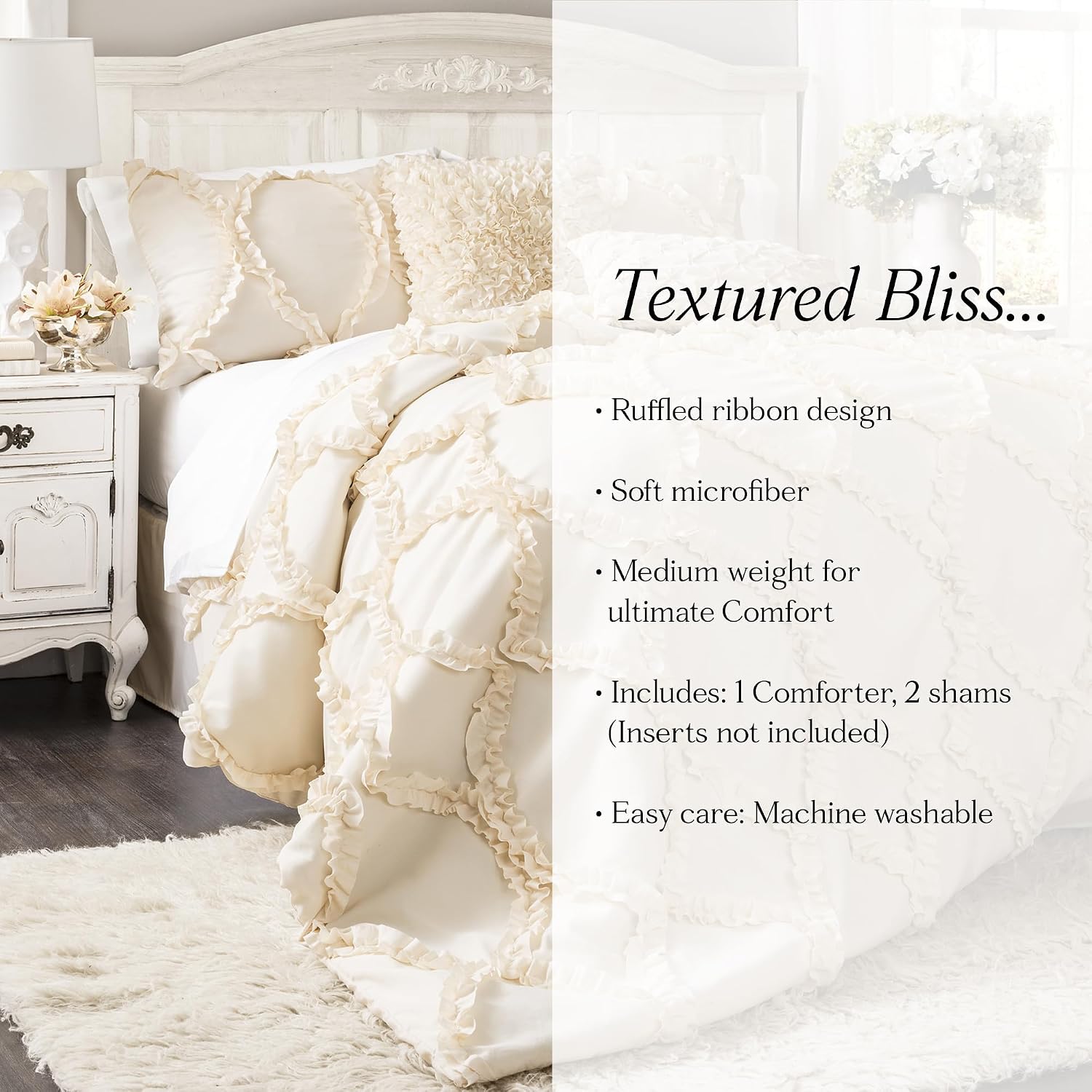 Lush Decor Avon Comforter Set, 3 Piece Set, King, Ivory - Romantic Farmhouse Bedding Set - Elegant Ruffle Bedding - Soft Textured Comforter - Country Cottage & Farmhouse Bedroom Decor
