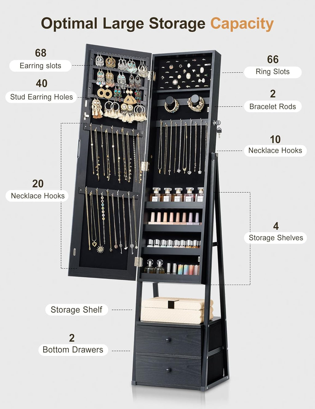Nicetree Mirror Jewelry Cabinet Standing, Lockable Jewelry Cabinet Armoire with 2 Drawers, Full Length Mirror with Jewelry Storage, Christmas Gifts, Black
