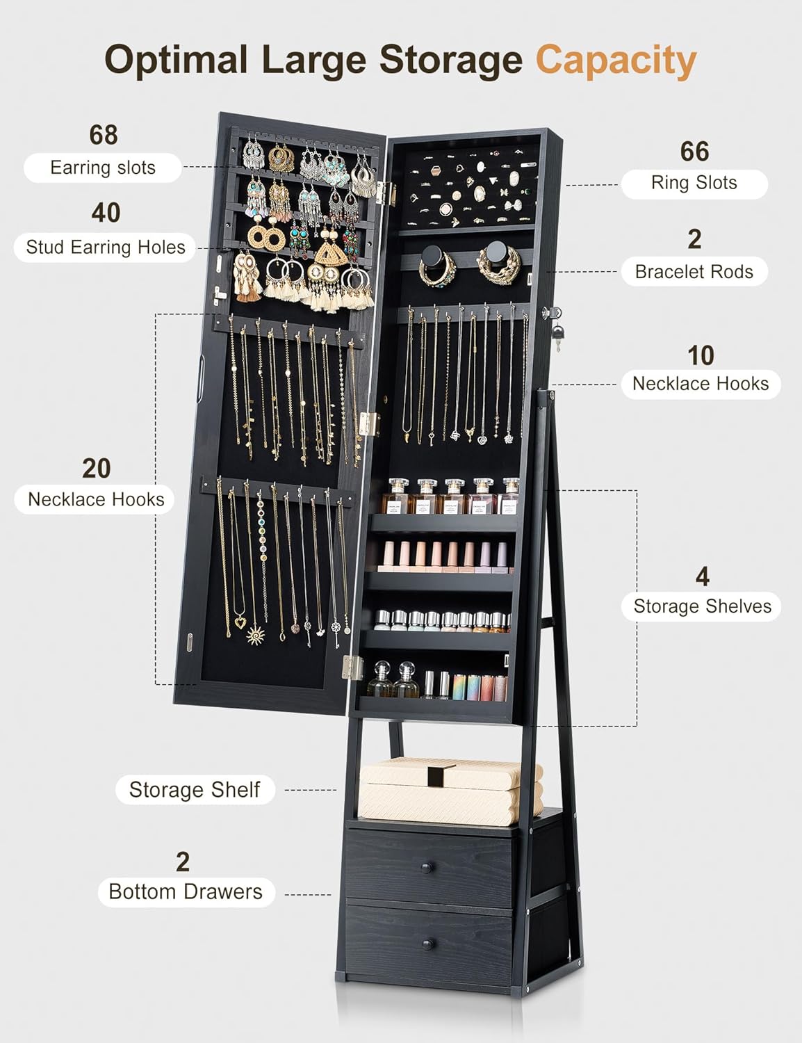 Nicetree Mirror Jewelry Cabinet Standing, Lockable Jewelry Cabinet Armoire with 2 Drawers, Full Length Mirror with Jewelry Storage, Christmas Gifts, Black