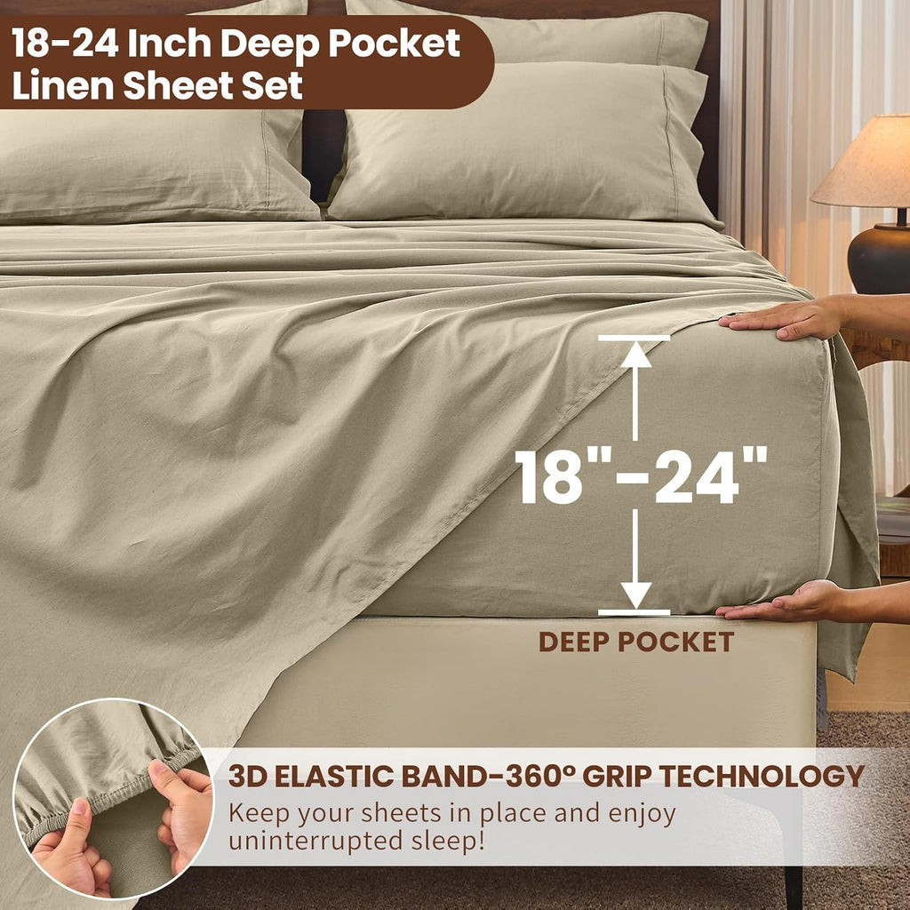 Bedlifes 100% French Flax Linen Sheets Set King Size - 6 Piece Extra Deep Pocket 18-24',Soft Breathable King Bed Sheets with Temperature Regulating & Moisture-Wicking(Taupe
