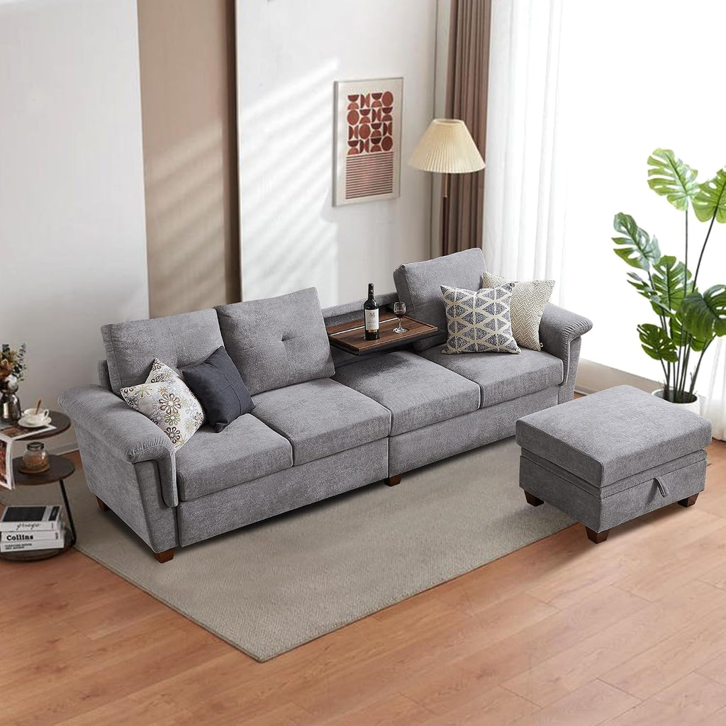4-Seat Sectional Couches for Living Room, Bedroom, Office with Storage, L Shape Convertible Sectional Sofa Couch with Ottoman and Cup Holders, Light Grey