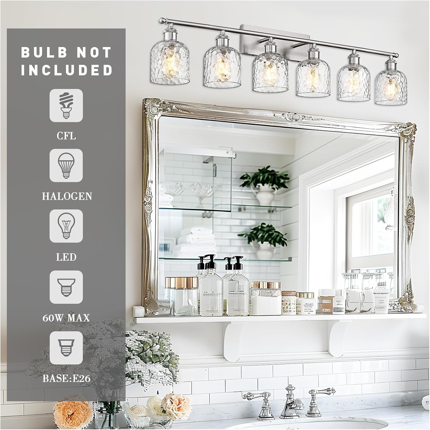 zeyu 6-Light Bathroom Wall Light Fixture, 42 Inch Modern Nickel Vanity Lighting Fixtures for Bedroom, Brushed Nickel Finish with Clear Hammered Glass, ZJF63B-6W BN