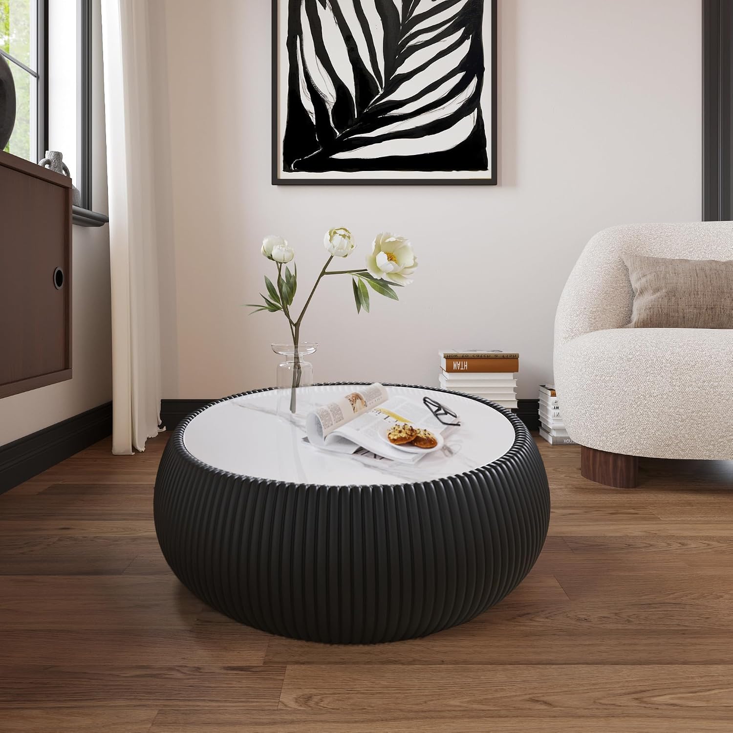27.55' Black Round Coffee Table, Drum Coffee Table with Sintered Stone Tabletop and Fluted PU Leather Covered and Stable Base, Circle Cocktail Tea Table for Living Room