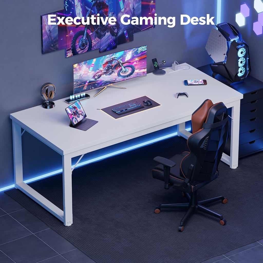 Mericonia 48 Inch Computer Desk with Power Outlets, 1.2' Thick Heavy Duty Industrial Office Desk, Modern Simple Study Writing Table for Home Bedroom Workstation, White