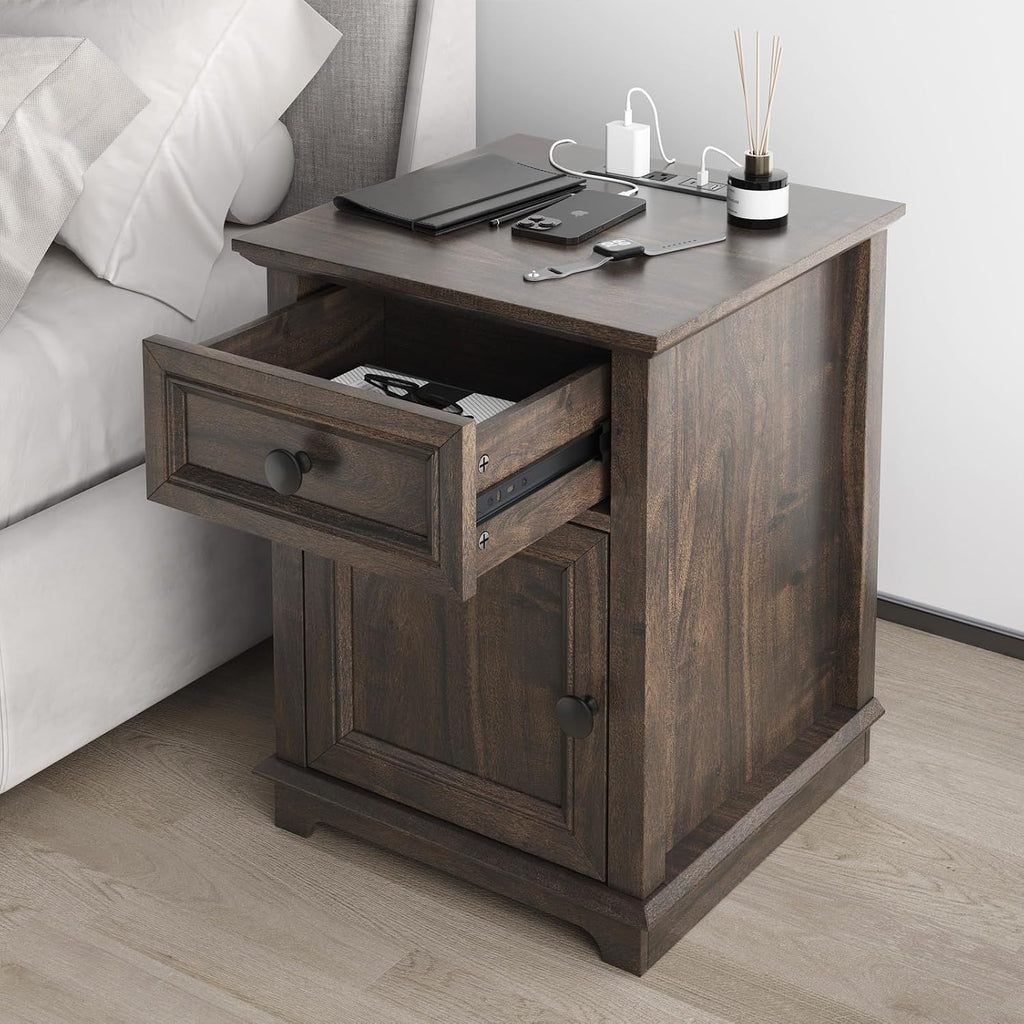REDAYFUR End Tables with Fast-Charge Sets, Side Tables with Drawers, Storage Side Tables Living Room, Adjustable Shelf, Bedroom Nightstands Set of 2, Rustic Brown