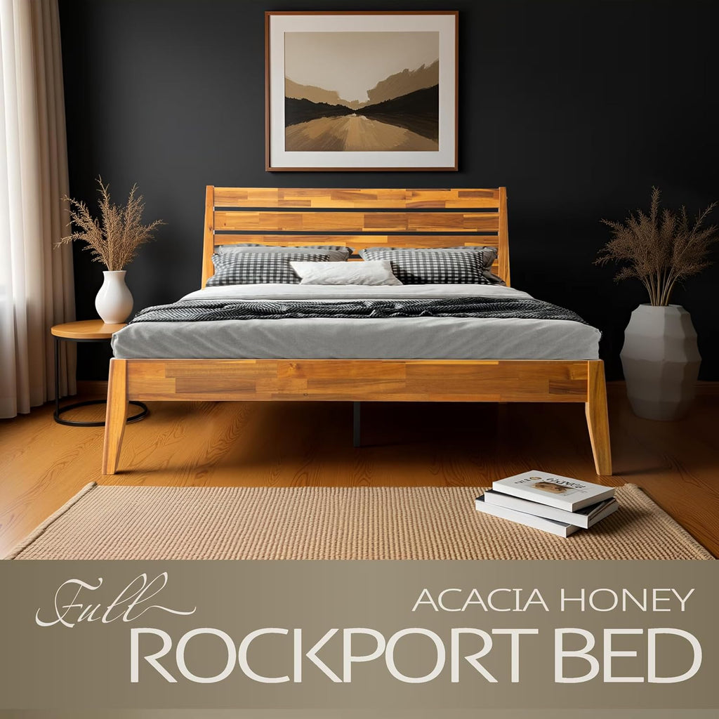 Full Size Platform Bed Frame with Solid Wood Headboard & Footboard, 12 Durable Slatted Base with Center Metal Legs, No Box Spring Needed, Anti-Noise & Slip-Free, Acacia Honey Finish. RKF-38