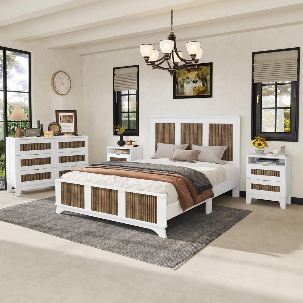4-Pieces Bedroom Sets, Queen Size Farmhouse Platform Bed with Wooden Strip Decoration Headboard, Storage Nightstand and Dresser with Metal Handle for Bedroom Furniture (White, Queen)