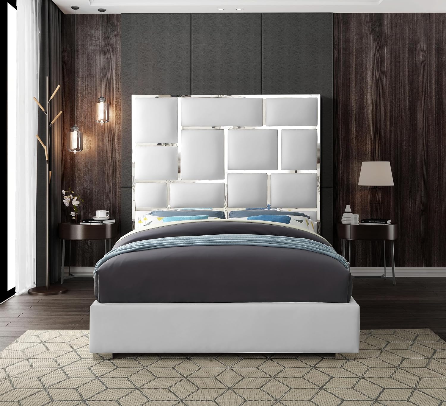 Meridian Furniture MilanWhite-K Milan Collection Modern Contemporary Vegan Leather Upholstered Bed, Custom Chrome Metal Legs, Geometric Designed Headboard, 81.5' W x 84.5' D x 70' H, White, King