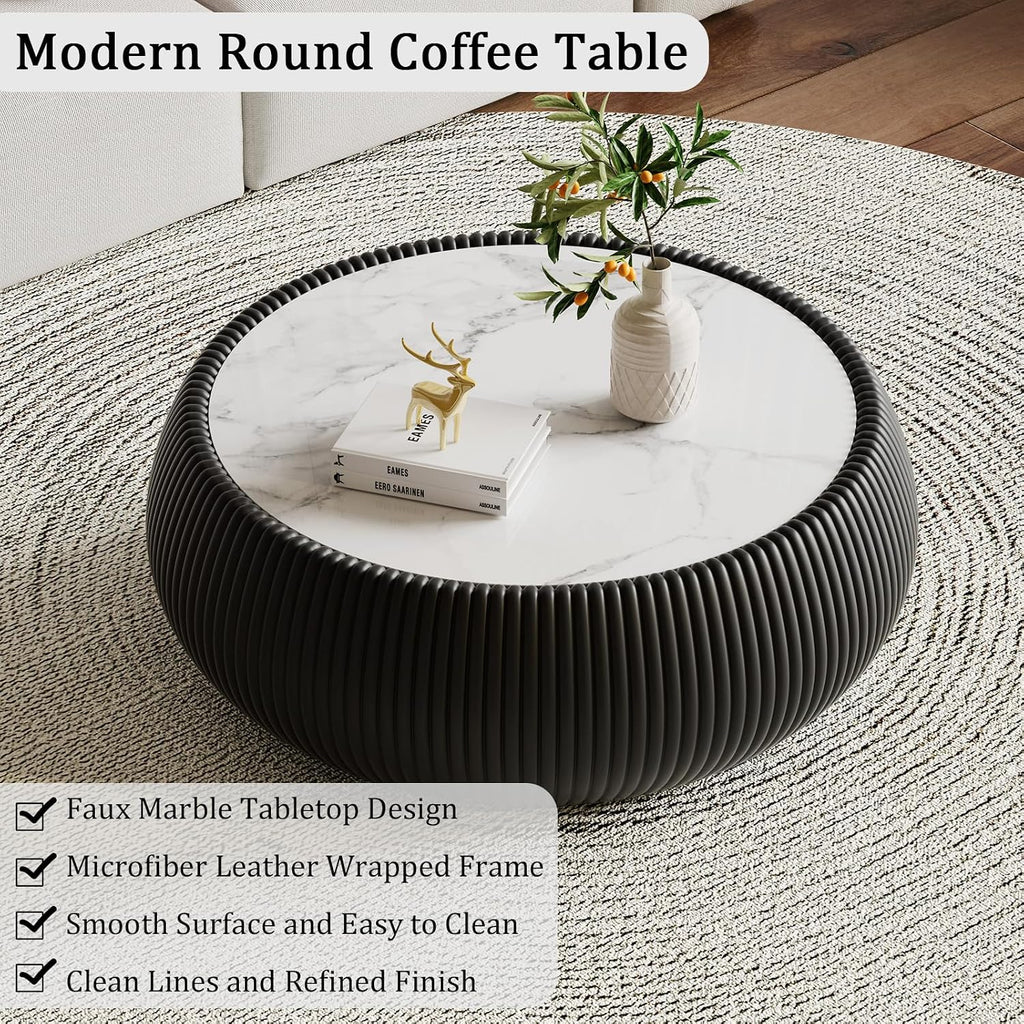 27.55' Black Round Coffee Table, Drum Coffee Table with Sintered Stone Tabletop and Fluted PU Leather Covered and Stable Base, Circle Cocktail Tea Table for Living Room