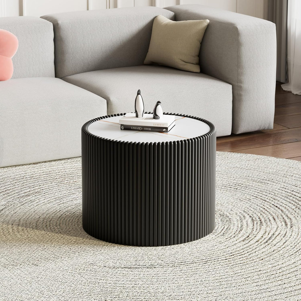 17.71' Black Round Coffee Table, Drum Coffee Table with Sintered Stone Tabletop and Fluted PU Leather Covered and Stable Base, Circle Cocktail Tea Table for Living Room