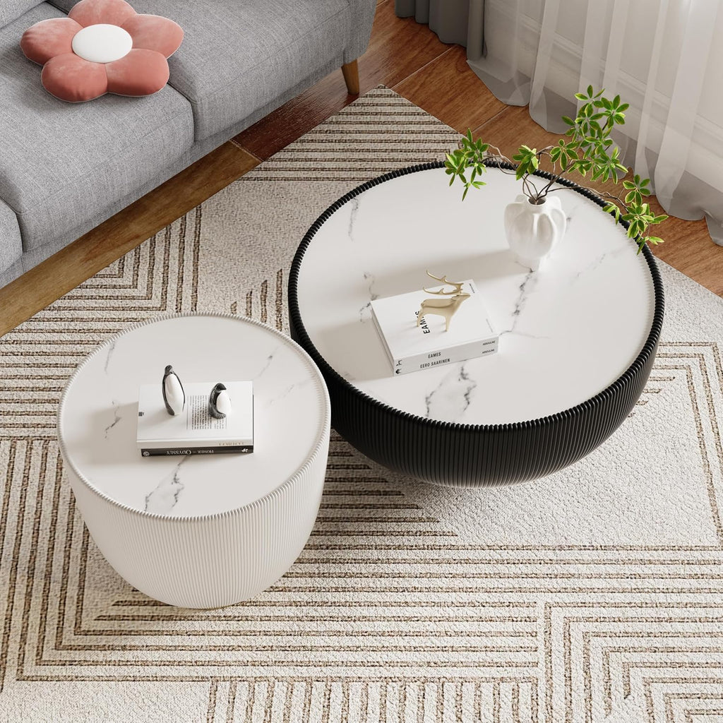 Round Coffee Table Set, 27.56' Black Drum Center Table and 19.69' White Coffee Table Set, 2 Pieces Living Room Table Set with Sintered Stone Tabletop, Fluted PU Leather Covered and Metal Base