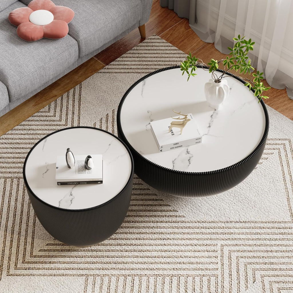 Round Living Room Table Set, 27.56' Black Drum Center Table and 19.69' Black Coffee Table Set, 2 Pieces Coffee Table Set with Sintered Stone Tabletop, Fluted PU Leather Covered and Metal Base