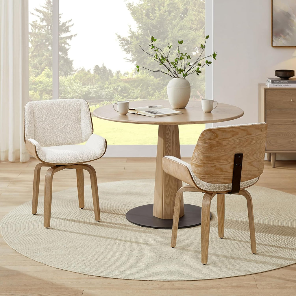 Zouron Swivel Dining Chair, Fabric Upholstered Dining Room Chair with Wood Legs, Mid Century Modern Accent Side Chair for Small Space Living Room Bedroom, Set of 2, Boucle Off White